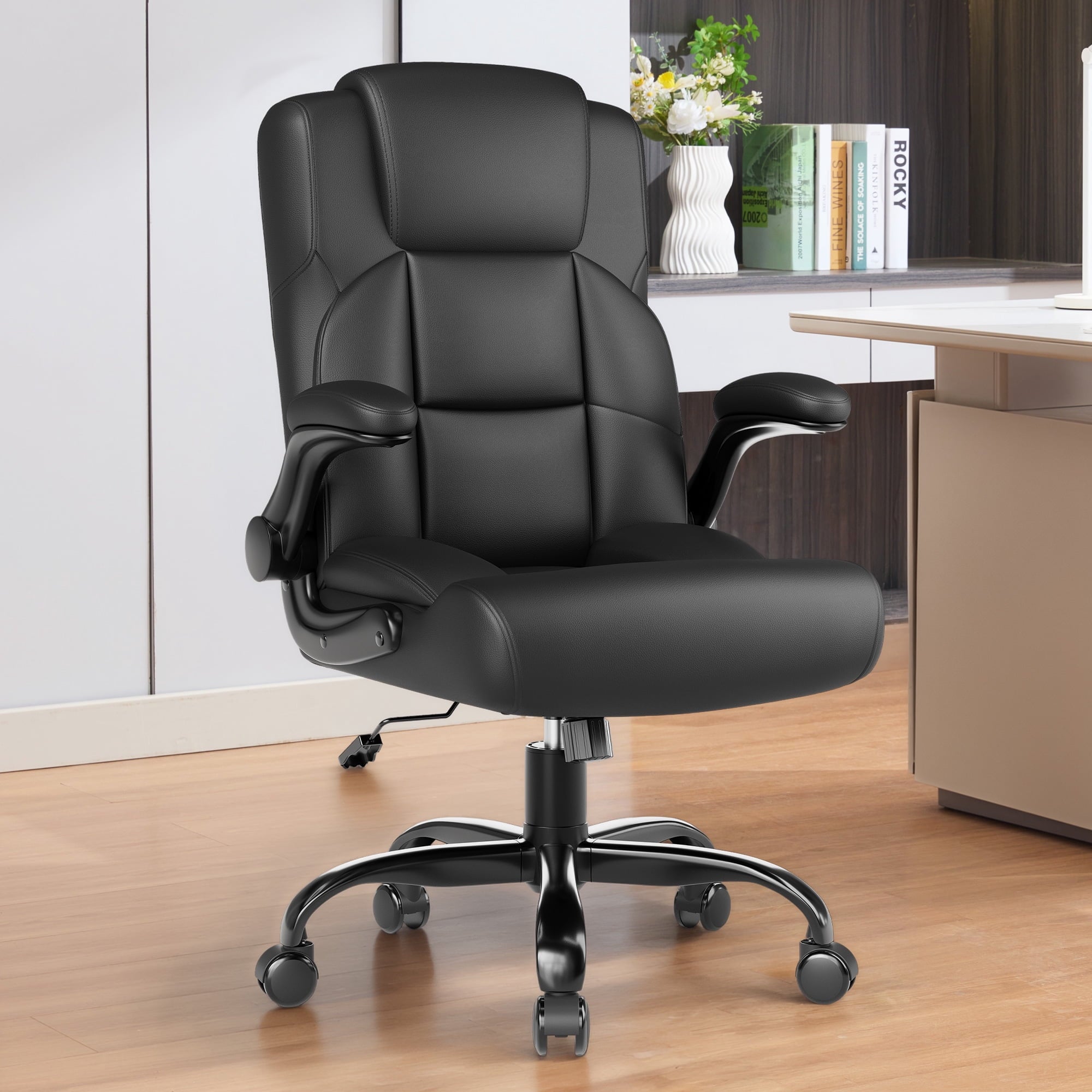 JONPONY Leather Office Chair, Big and Tall 500lbs Ergonomic Desk Chairs with Back Support, Executive Leather Chair with Wheels for Home Office, with Adjustable Padded Armrest & Lumbar Support , Black