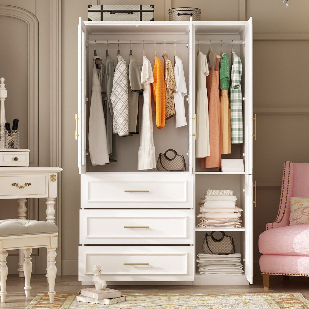 OxyLife 2 Door Wardrobe Armoire, White Closet Storage Organizer with Drawers and Shelves