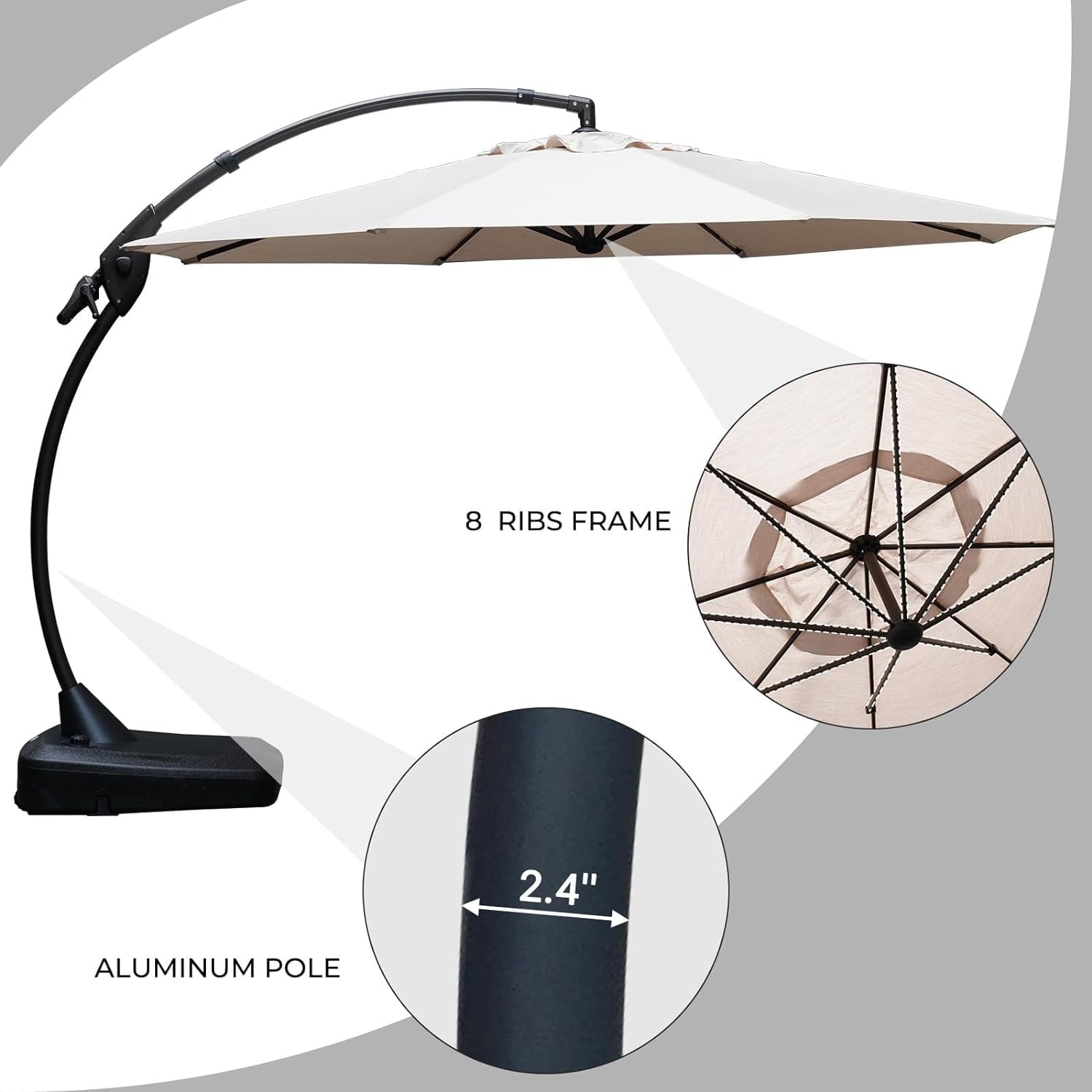 GRANDPATIO 12 Ft Outdoor Umbrella with Base, Large Aluminum Cantilever Offset Umbrella for Patio Pool, Black & White