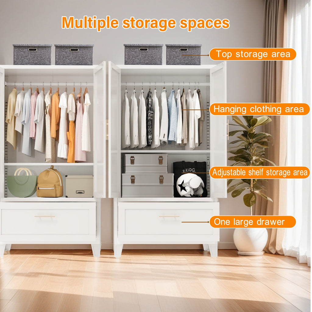 AISWORD 60 Tall Metal Wardrobe Cabinet with 1 Drawer and Hanging Rod, 2 Doors Closet with Adjustable Shelf, White