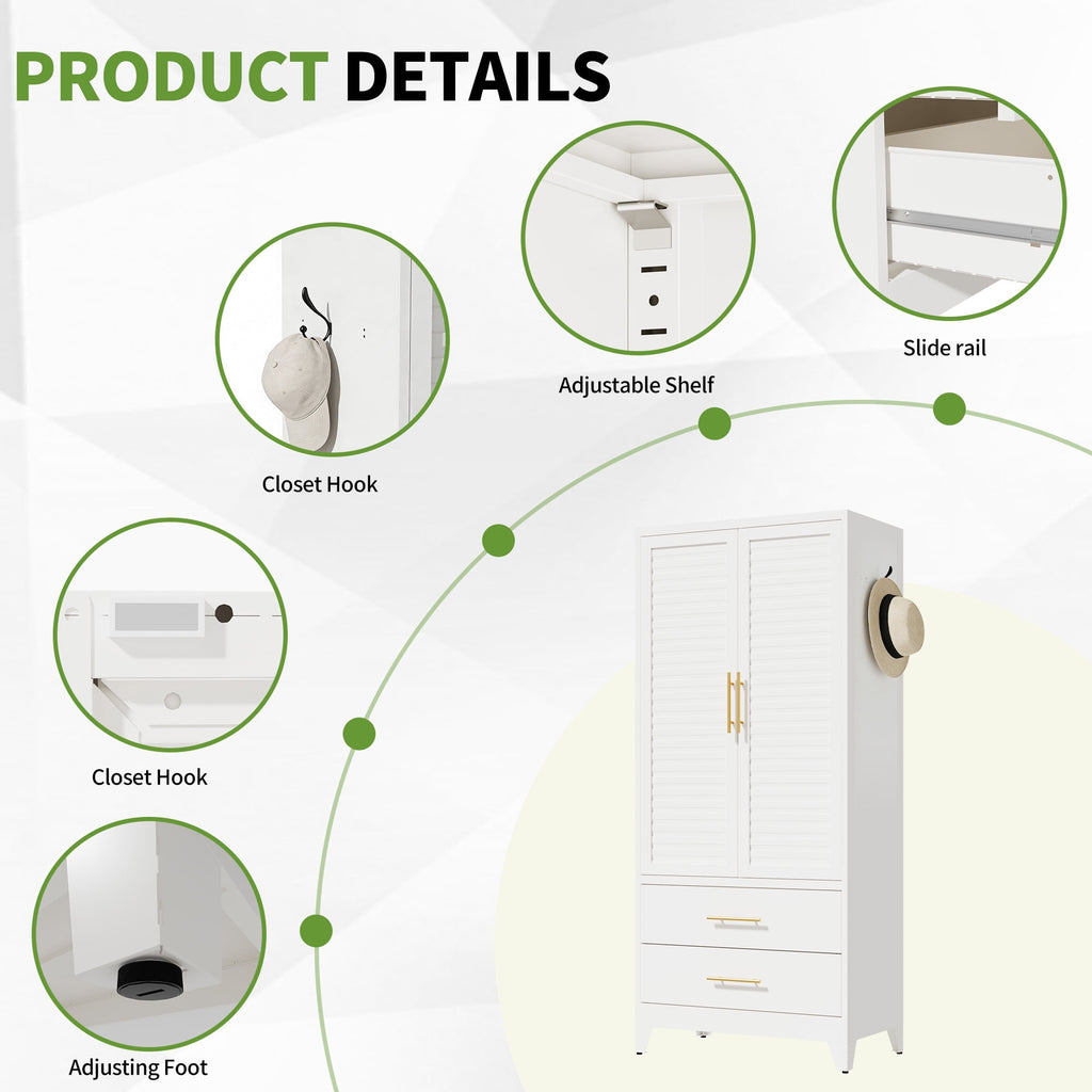 AISWORD 60 Tall Metal Wardrobe Cabinet with 1 Drawer and Hanging Rod, 2 Doors Closet with Adjustable Shelf, White