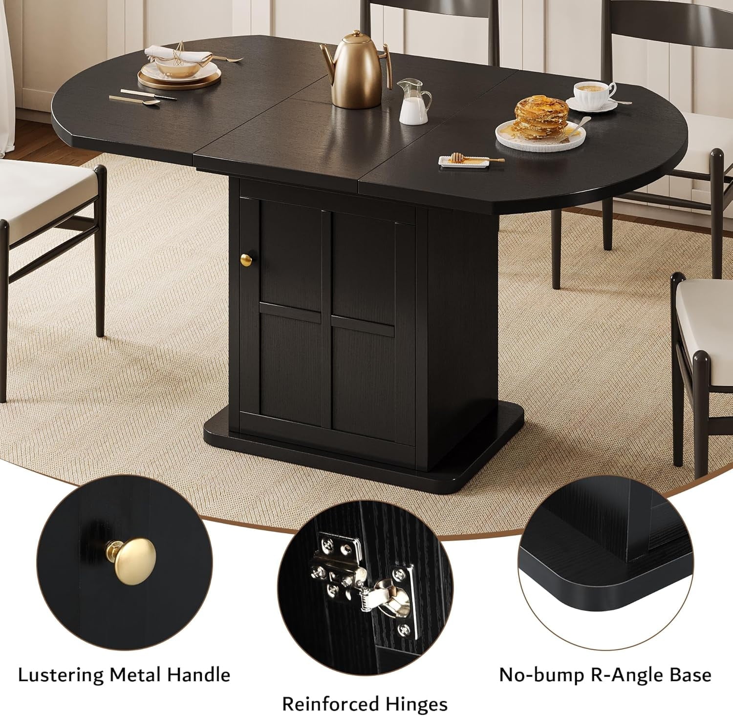 iPormis Extendable Round Dining Table for 4-6, 59'' Modern Kitchen Table with 2-Tier Storage Shelf, Wood Door, MDF Board, Space Saving Oval Dinner with Sturdy Pedestal Base, Kitchen, Dining,Walnut
