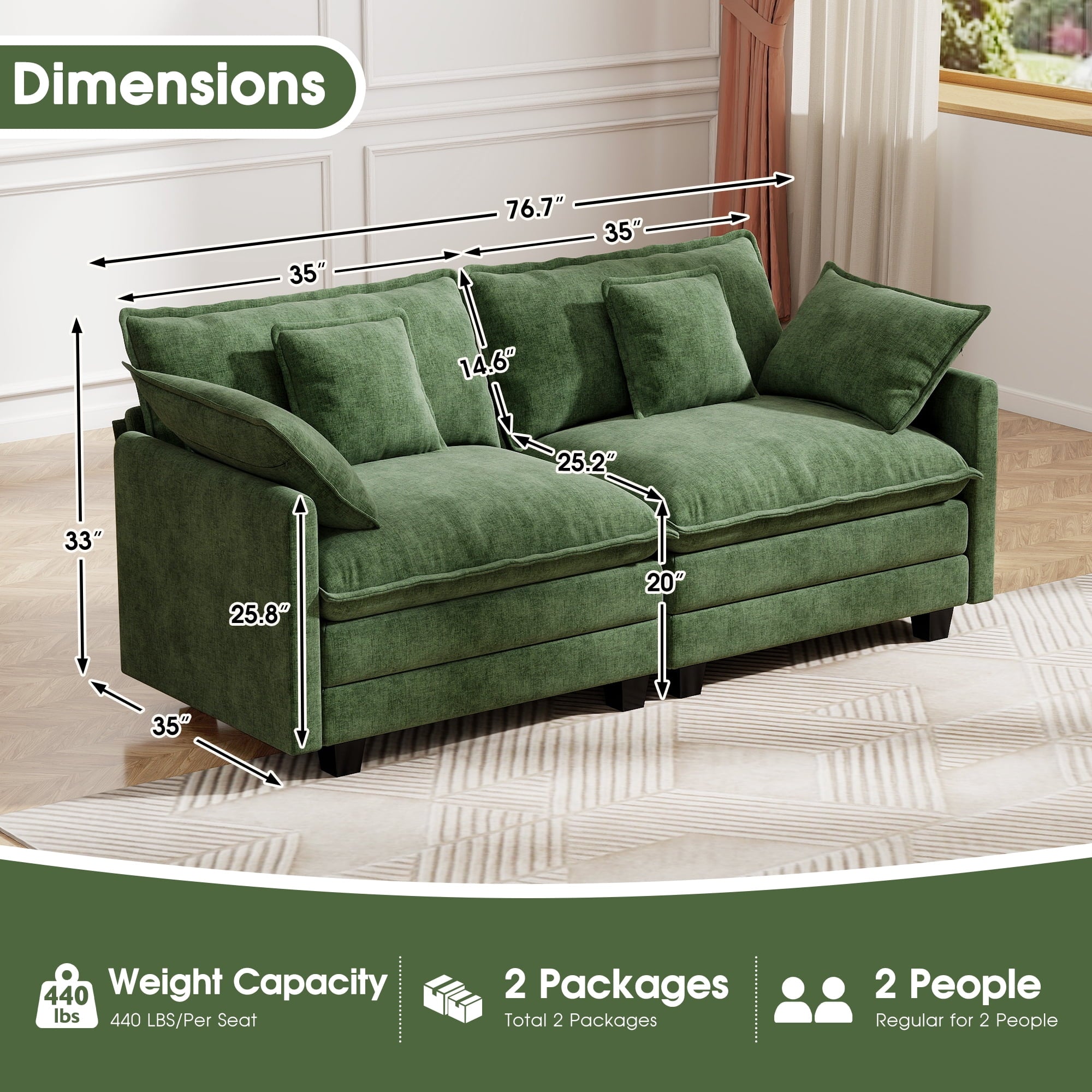 BedLuxury 111.5'' Modular Sectional Sofa with Movable Ottomans, U Shaped Cloud Couch for Living Room, 3-Seat, Beige