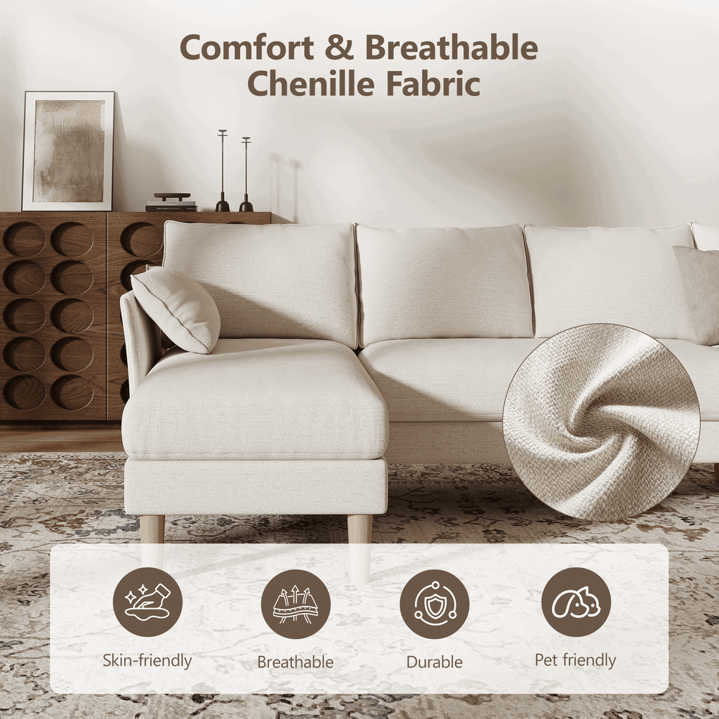 BedLuxury 100 U-Shape Sectional Sofa with Chaise, Chenille Modern Couch with High Legs for Living Room, Apartment, Beige