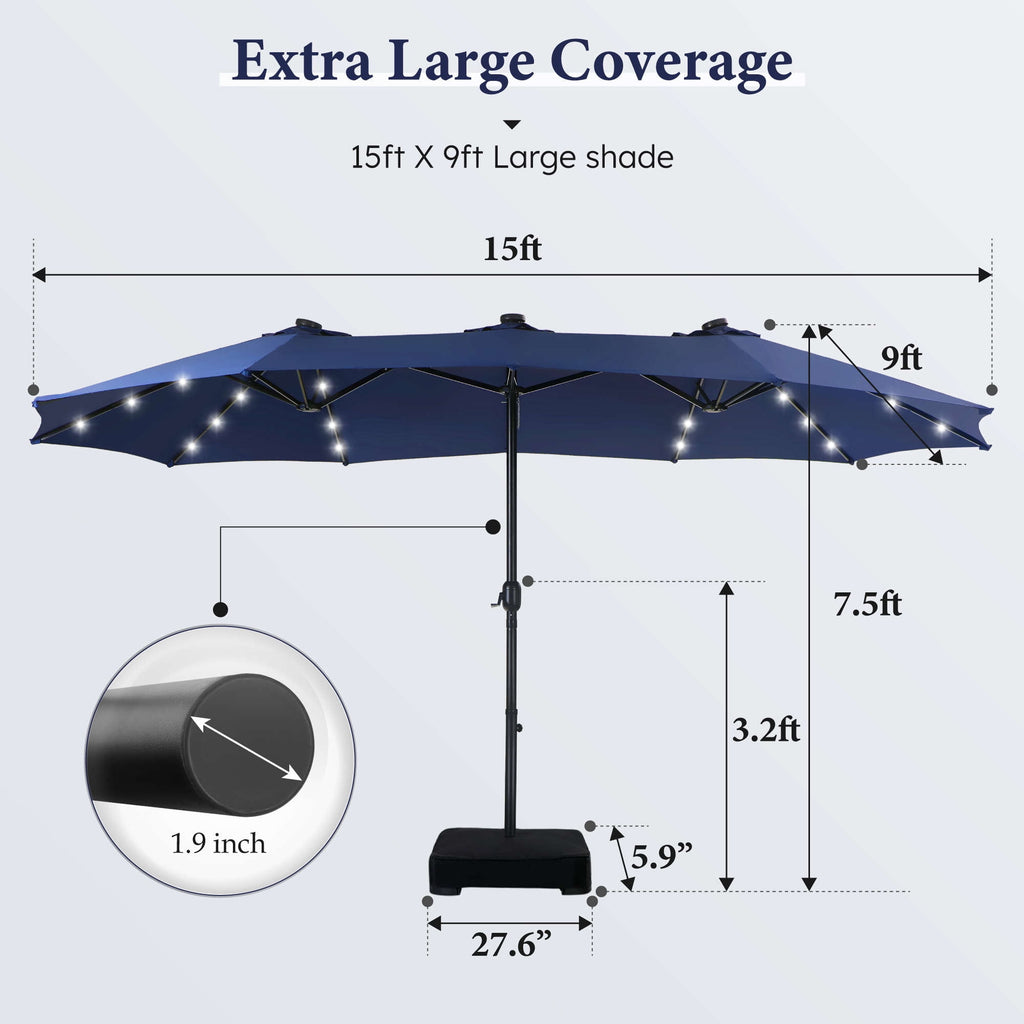 SUMMIT LIVING 15ft Double-Sided Solar Patio Umbrella with Base (Included) Large Outdoor Umbrella with Solar Lights - Beige