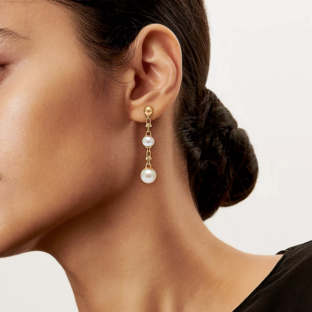 Tiffany Triple Drop Link Earrings Gold with Freshwater Pearls