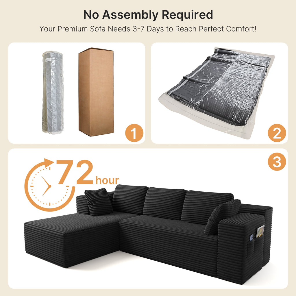 Sofa, Lofka 105 Free Assembly L-Shaped Sectional with Pet Friendly Corduroy Fabric, Black for Living Room/Apartment