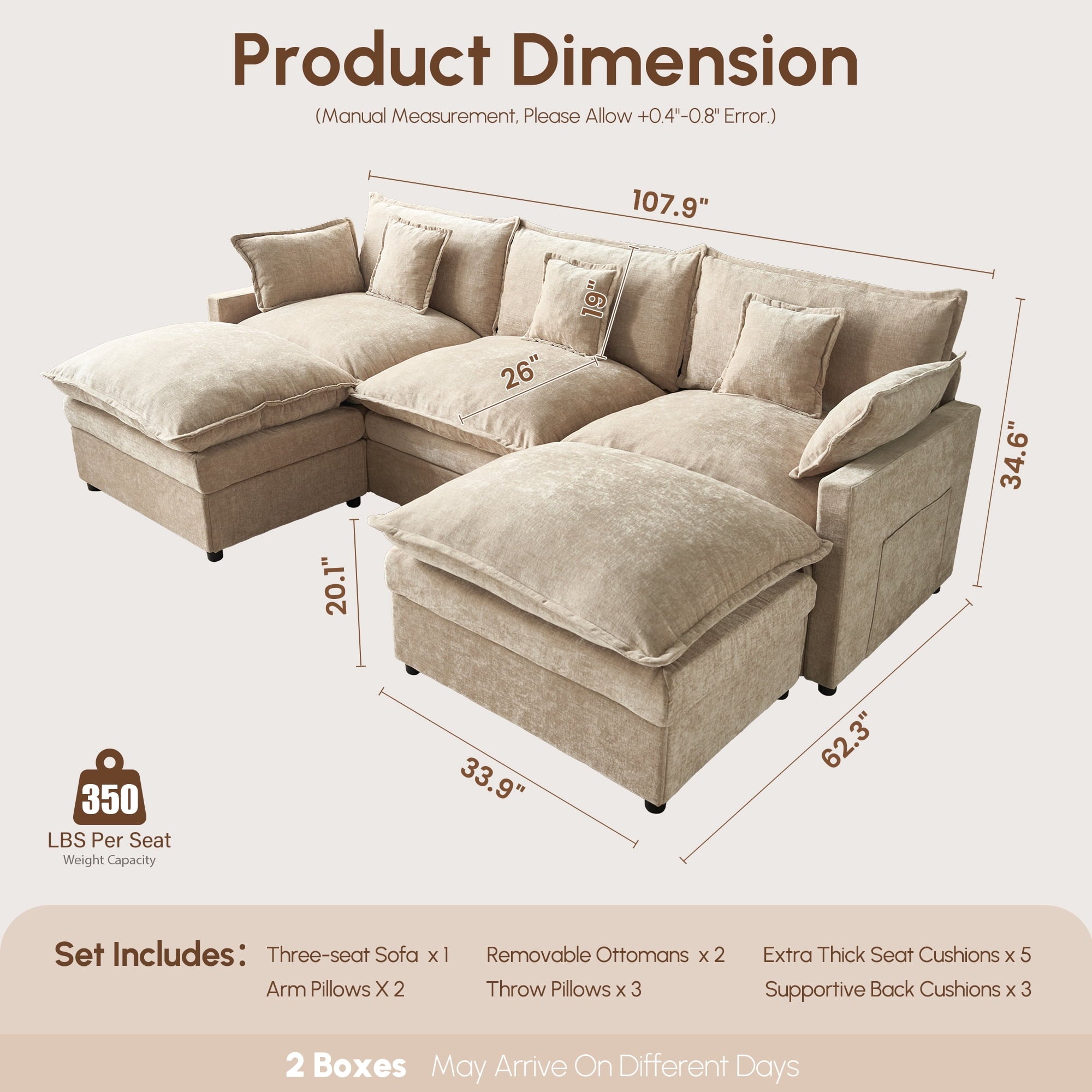 Ovios 108 Modular Sectional Sofa U-Shaped Cloud Couch with 2 Ottomans, Comfy Living Room Furniture, Chenille, Dark Blue