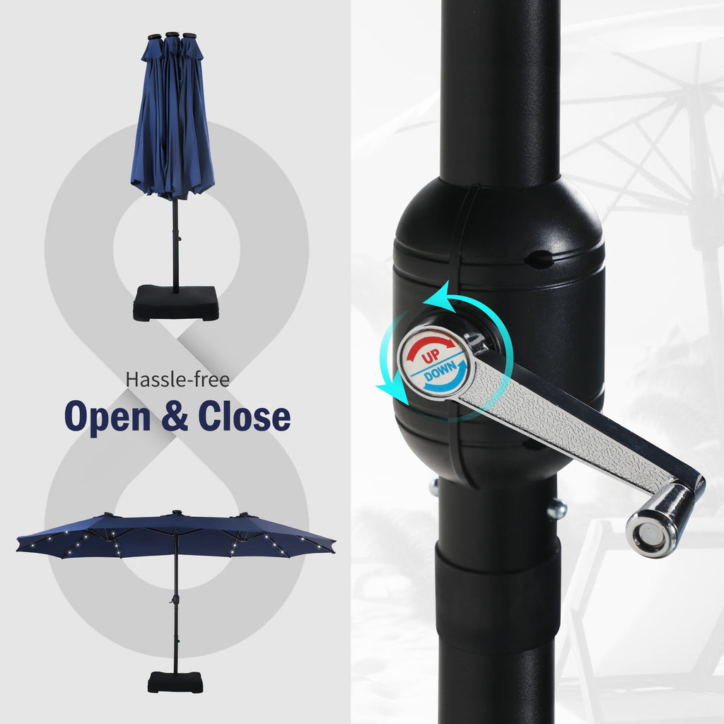 SUMMIT LIVING 15 FT Double-Sided Solar Patio Umbrella with Base Large Outdoor Umbrella with LED Solar Lights - Haze Blue
