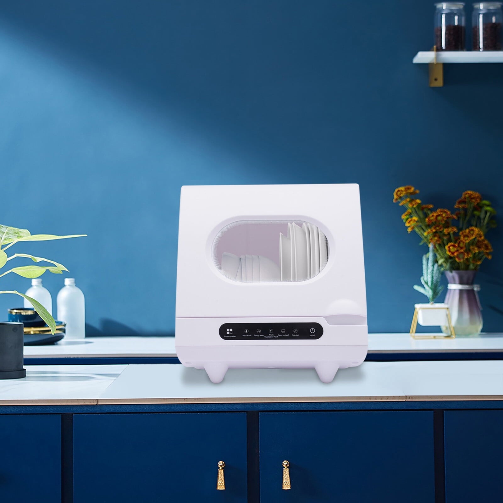 FOGGBET 110V 1200W Portable Countertop Dishwasher with 12 Water Outlets and 360° Rotation Flushing & Hose Connection 3-in-1 Function,15.74*15.74*17.71in,with 5L Water Tank,  for Homes, Apartments