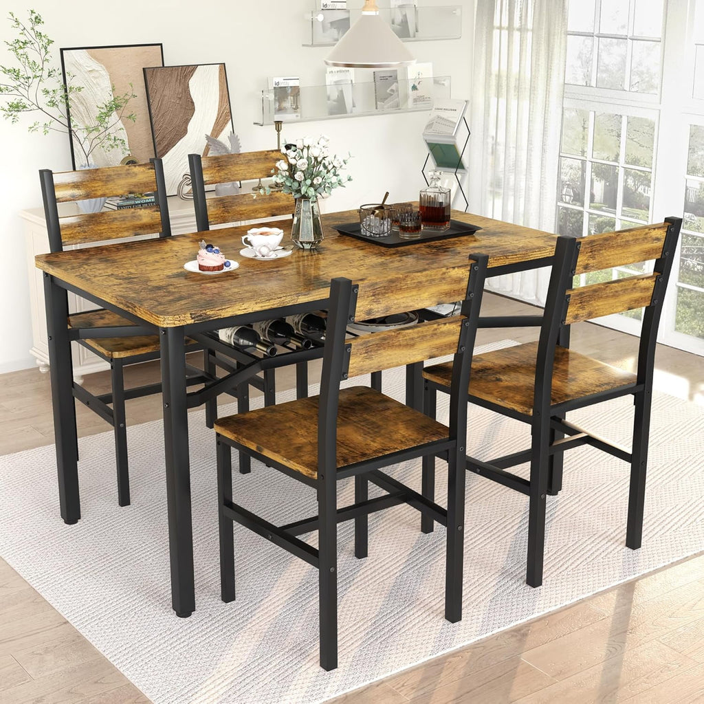 Lamerge 4 Person Dining Table Set, Wooden Dining Table 5 Piece Set with 4 Oak Metal Frame Chairs, Space Saving, Suitable for Apartments, Small Spaces, Kitchens, Breakfast Corners, Espresso Wood C