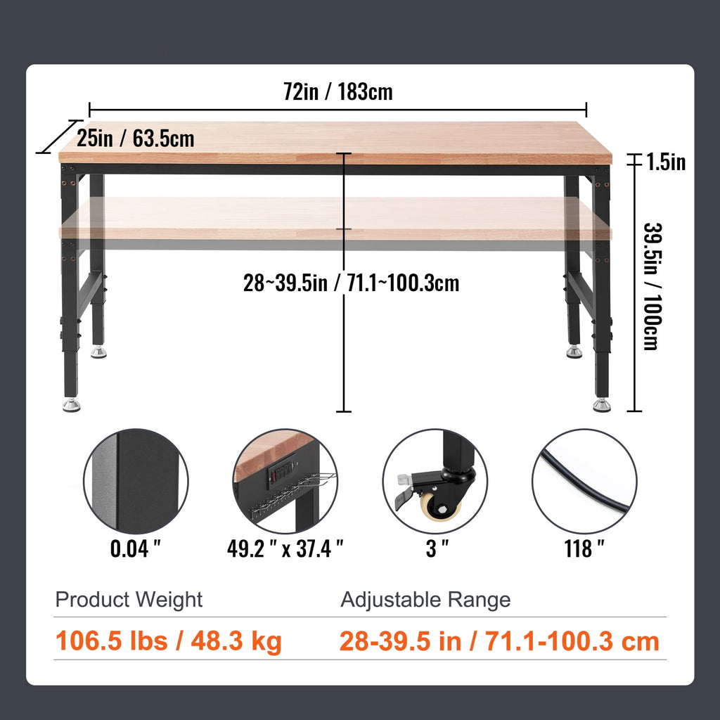 KFFKFF Movable Workstation, 72 L X 25 W, Equipped with Universal Casters, Adjustable Heights from 28-39.5, Can Bear Up to 3000 LBS, Comes with Power Sockets