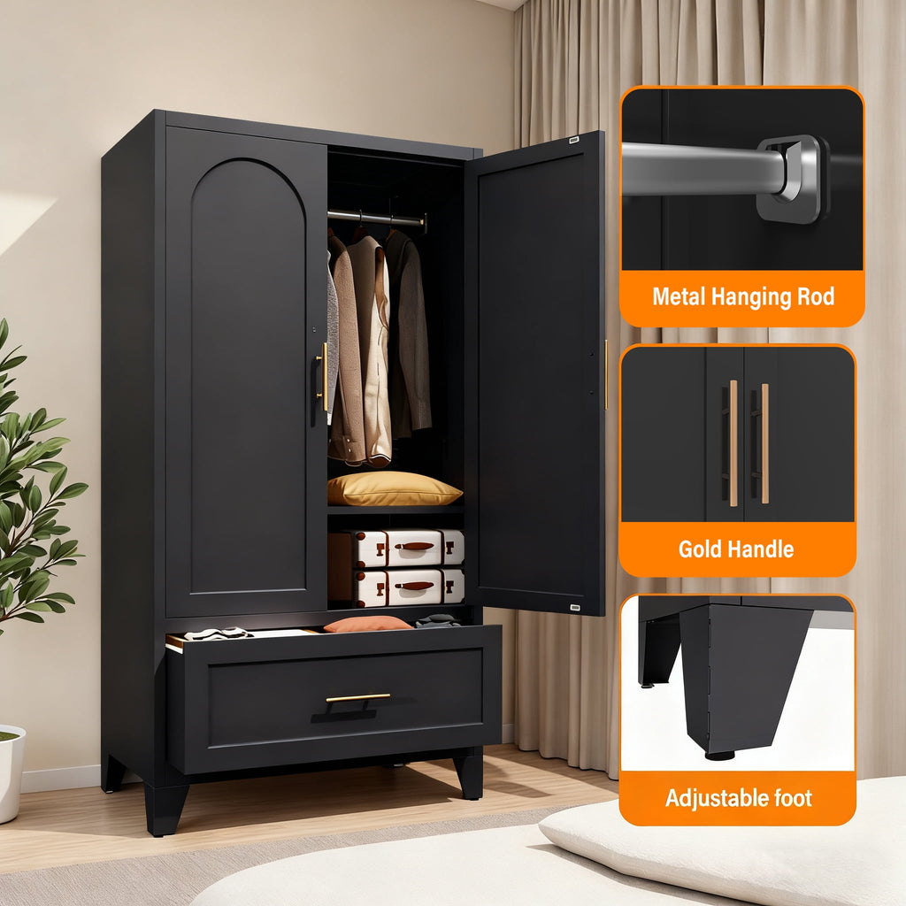 avobird 60 Tall Metal Wardrobe Cabinet with 1 Drawer and Hanging Rod, 2 Doors Wardrobe Closet with Shelf for Bedroom, Beige