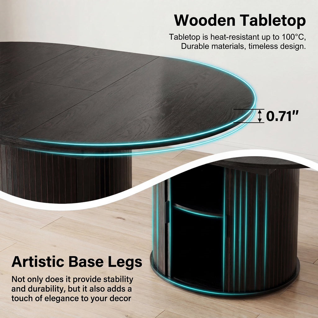 EOP 47″- 63″ Extendable Round Dining Table for 4-6, Wooden Kitchen Table with Hidden Storage and Fluted Sliding Door Cabinet, Modern Space-Saving Table for Dining Room Kitchen, Natural Wood