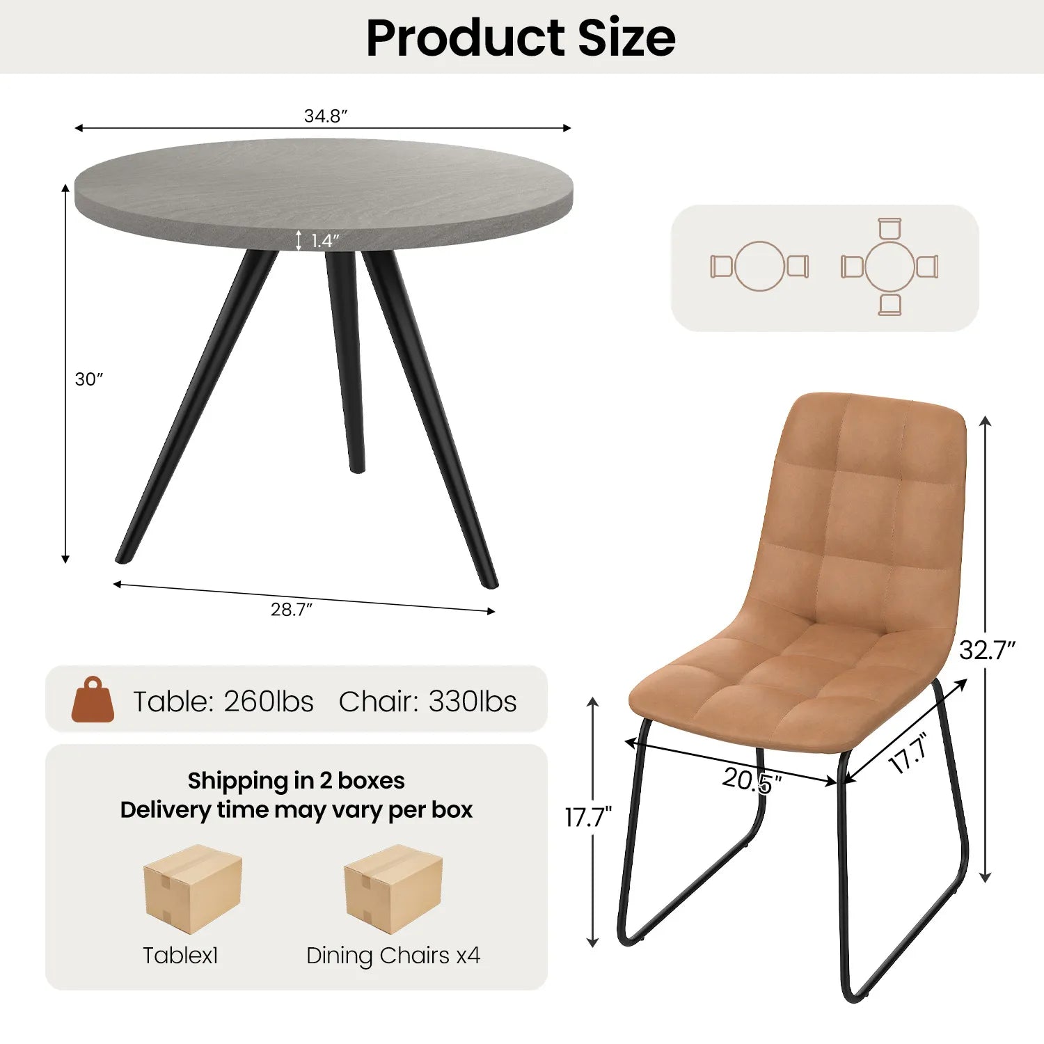 34.8 Round Dining Table Set for 4,5 Piece Mid-Century Modern Dining Set with 4 Upholstered Dining Chairs,Leisure Coffee Table for Kitchen Dining Room, Save Space