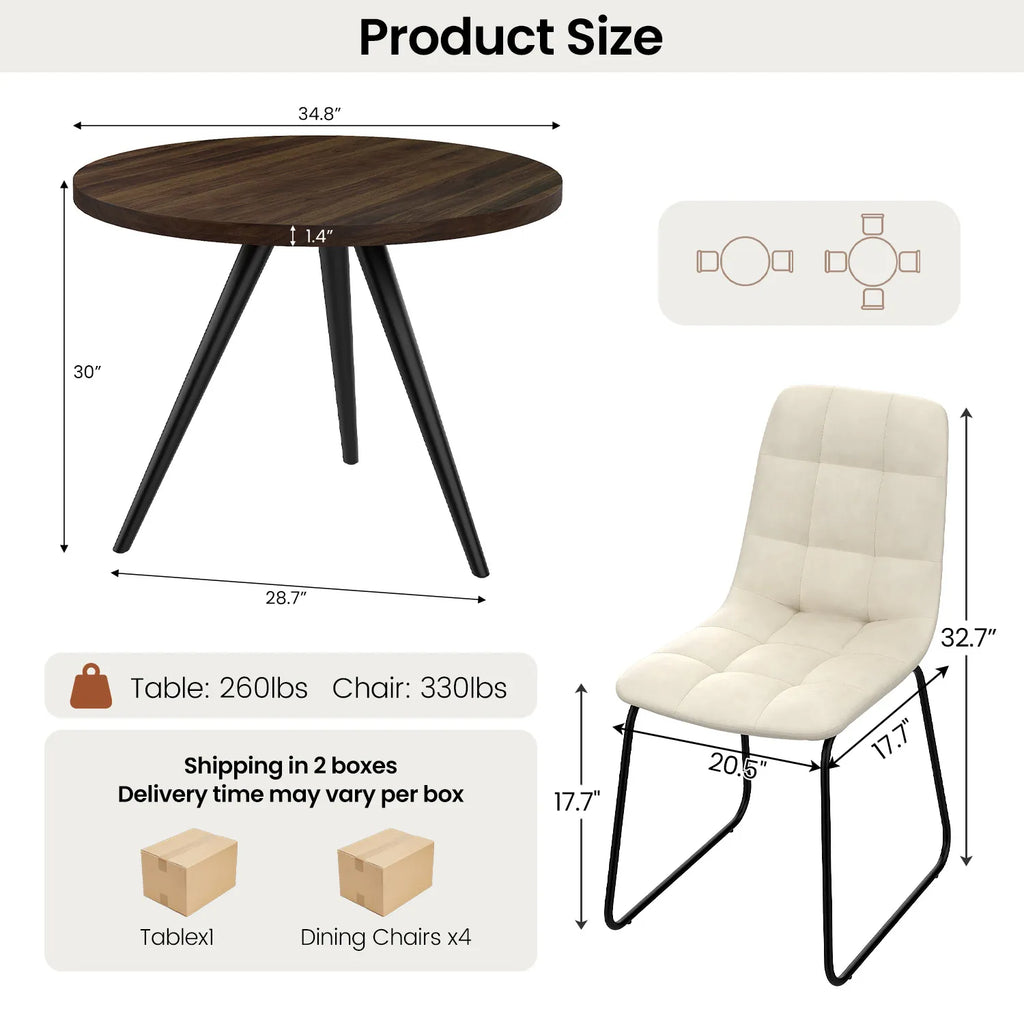 34.8 Round Dining Table Set for 4,5 Piece Mid-Century Modern Dining Set with 4 Upholstered Dining Chairs,Leisure Coffee Table for Kitchen Dining Room, Save Space