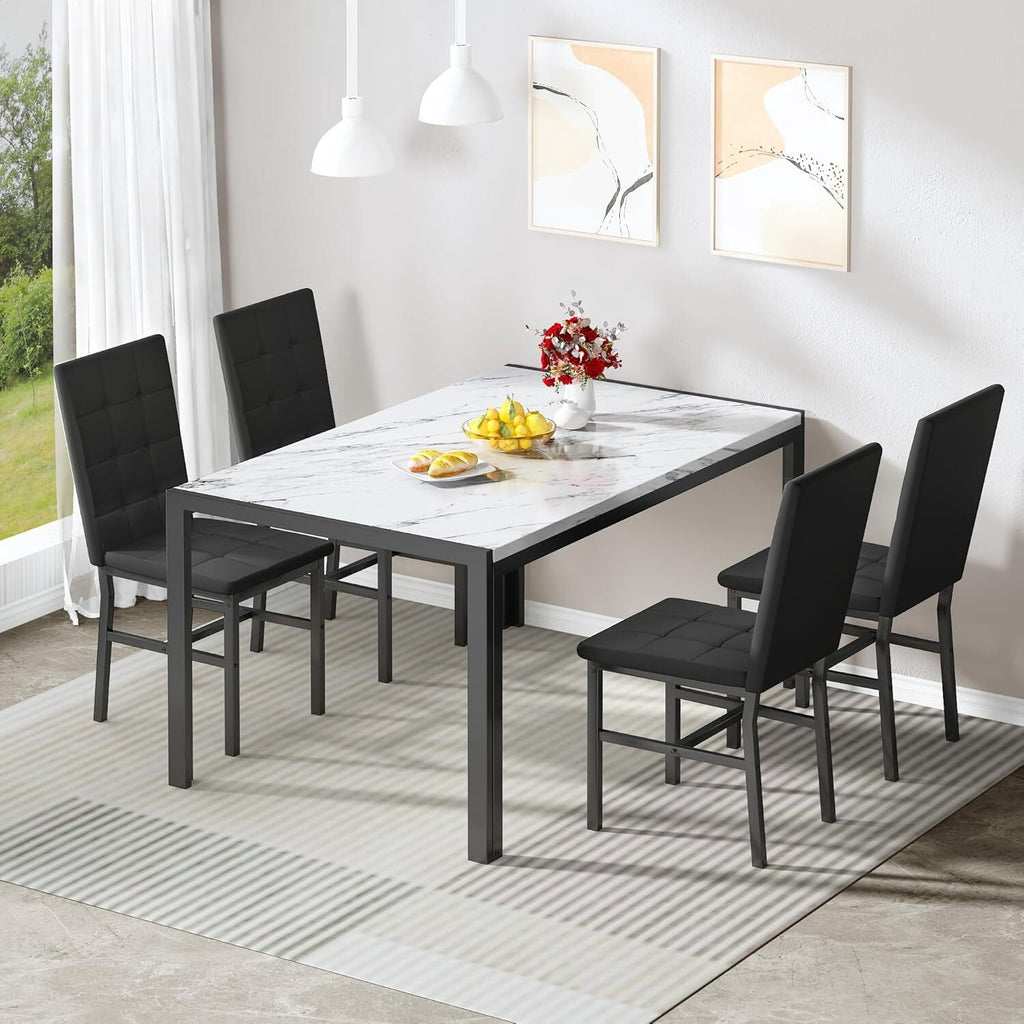 MOOSENG 5-Piece Dining Table Set with Faux Marble Top, Modern Kitchen Table and Set of 4 Grey Velvet Upholstered Chairs, Space-Saving Dinette Set for Small Spaces