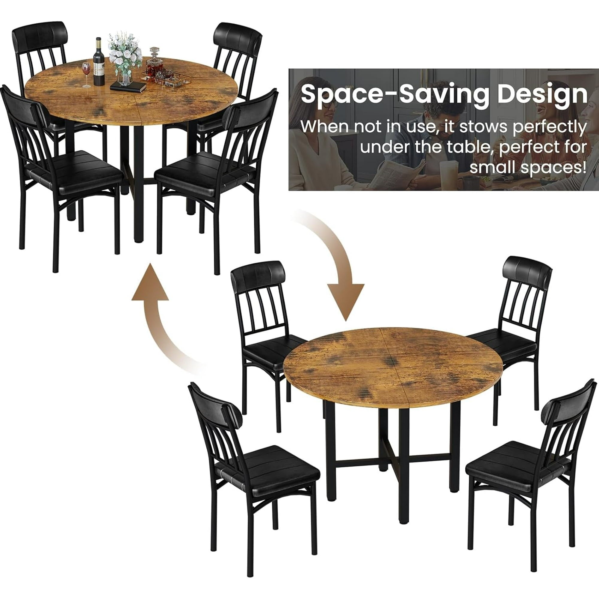MIERES Round Dining Table Set for 4,Wood Round Kitchen Table and Chairs Set for 4,Modern Dining Room Table Set with 4 Faux Leather Chairs,Round Dinner Table for Small Space Gray