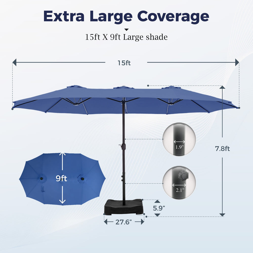 Alpha Joy 15ft Outdoor Patio Umbrella Extra-Large Double-Sided Garden Umbrella with Crank Handle and Base - Smoky Gray