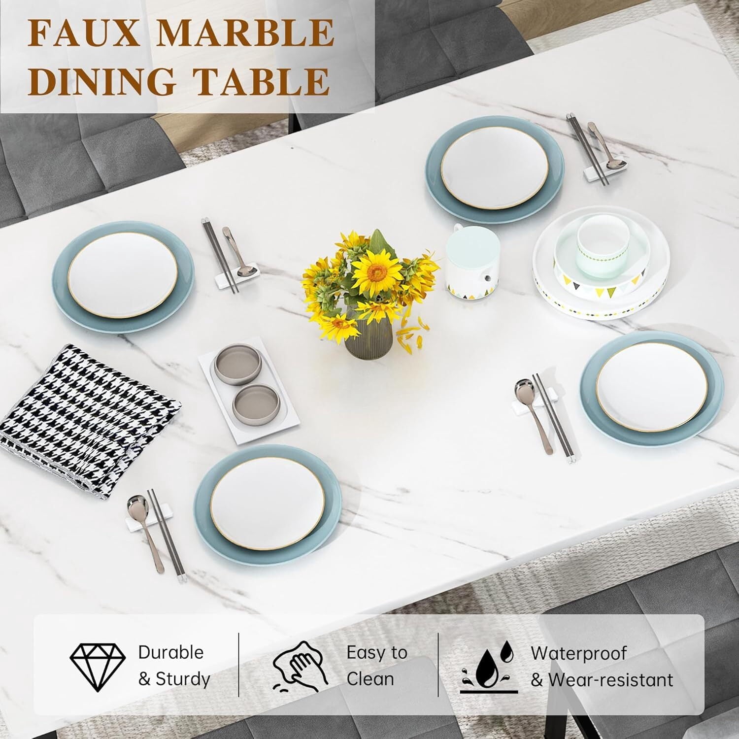 MOOSENG 5-Piece Dining Table Set with Faux Marble Top, Modern Kitchen Table and Set of 4 Grey Velvet Upholstered Chairs, Space-Saving Dinette Set for Small Spaces