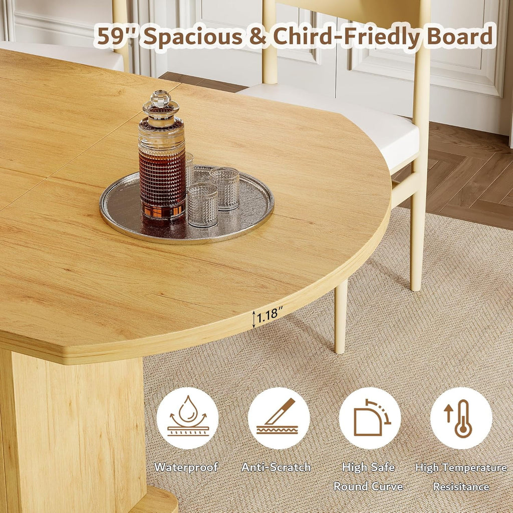 iPormis Extendable Round Dining Table for 4-6, 59'' Modern Kitchen Table with 2-Tier Storage Shelf, Wood Door, MDF Board, Space Saving Oval Dinner with Sturdy Pedestal Base, Kitchen, Dining, Natural