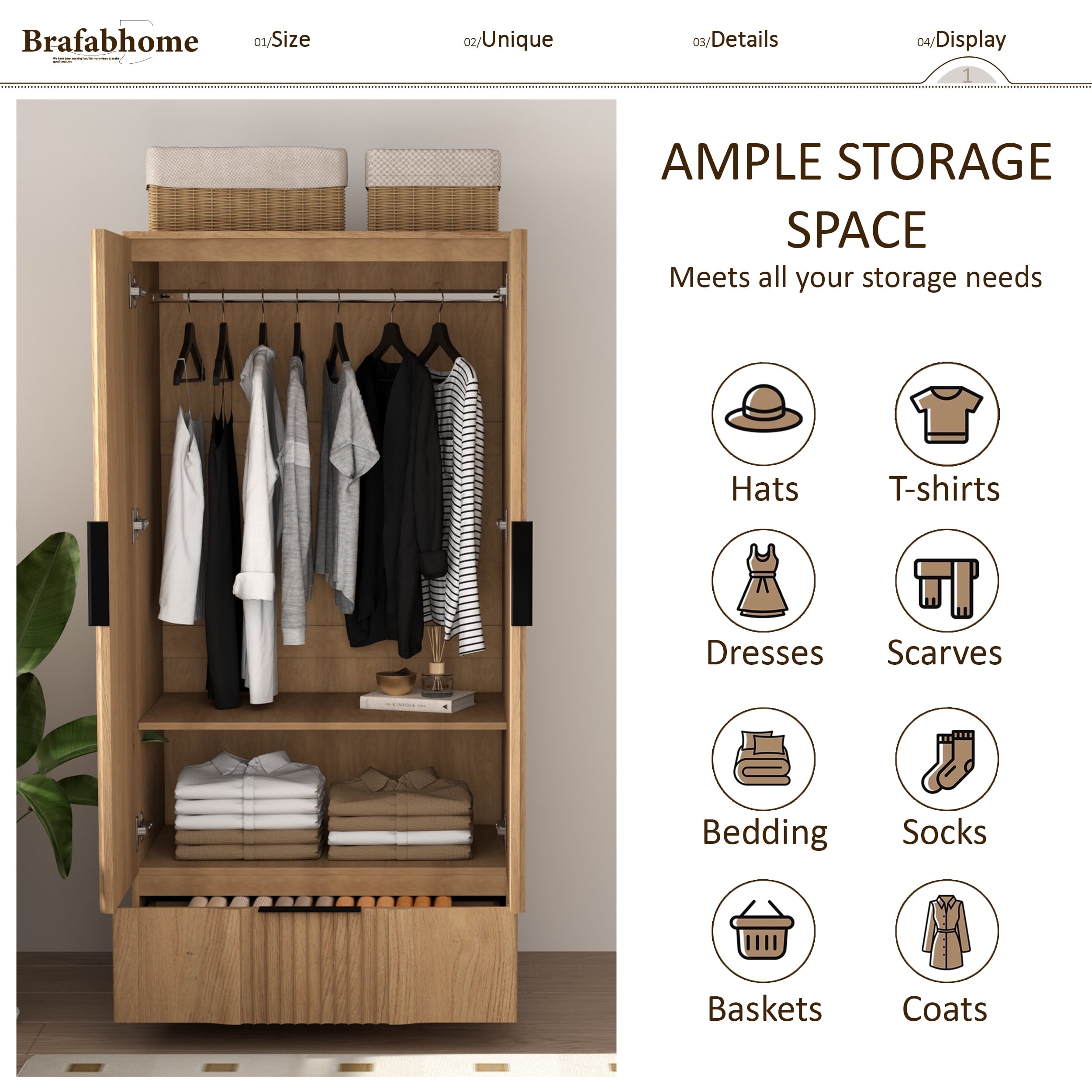 Brafabhome 67H Fluted Armoire Wardrobe Closet with Drawer, Wooden 2 Doors Wardrobe Cabinet with Hanging Rod & Adjustable Shelf for Bedroom | Nature