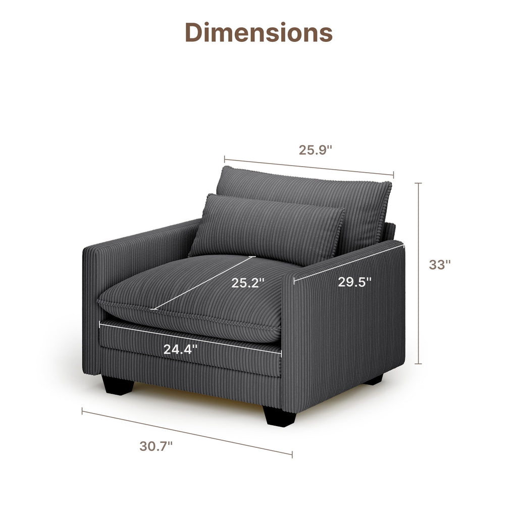 Asofer 31 Cloud Accent Sofa With Washable Cover, Single Corduroy Chair with Deep Seat Upholstered Cushion for Apartment,Dark gray