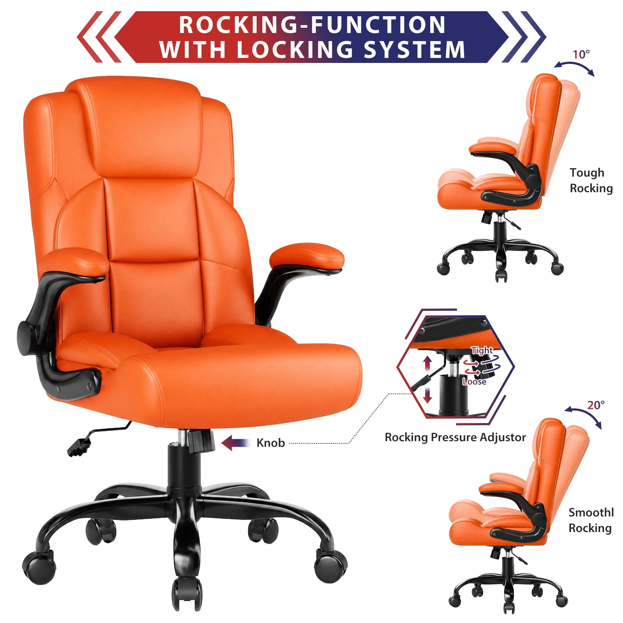 JONPONY Leather Office Chair, Big and Tall 500lbs Ergonomic Desk Chairs with Back Support, Executive Leather Chair with Wheels for Home Office, with Adjustable Padded Armrest & Lumbar Support , Black