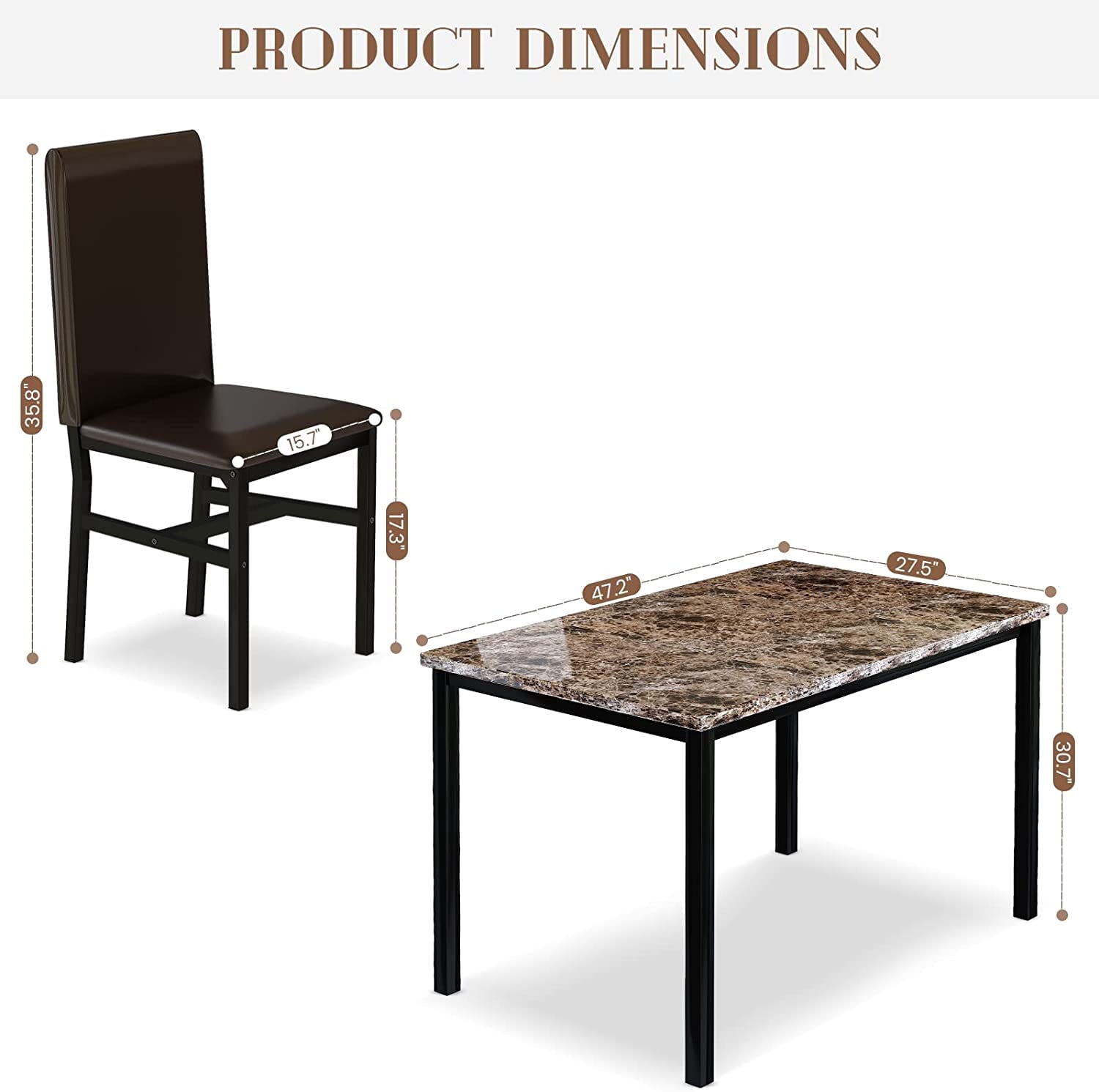 MIERES 5-Piece Dining Table Set for 4, Faux Marble Kitchen Table and 4 Chairs, Modern Dining Room Table with 4 Chairs, Dinner Table Set for Small Spaces, Brown