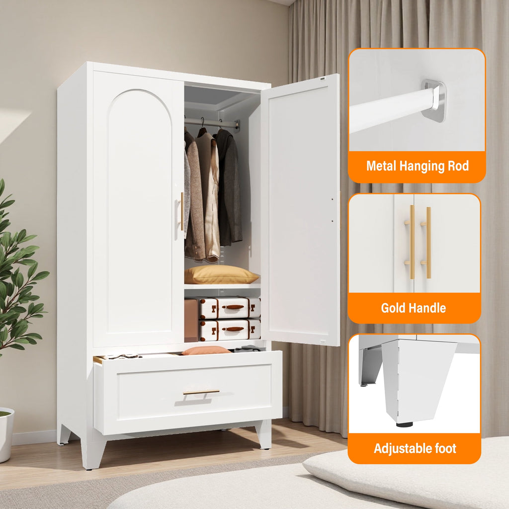 avobird 60 Tall Metal Wardrobe Cabinet with 1 Drawer and Hanging Rod, 2 Doors Wardrobe Closet with Shelf for Bedroom, Beige