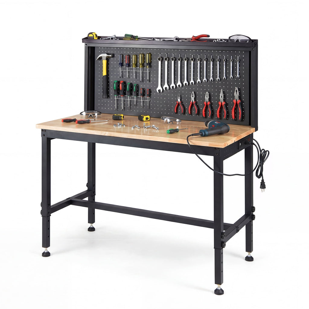Gymax 48'' Heavy Duty Workbench w/ AC/USB Outlets and Pegboard Max Load 2000 LBS