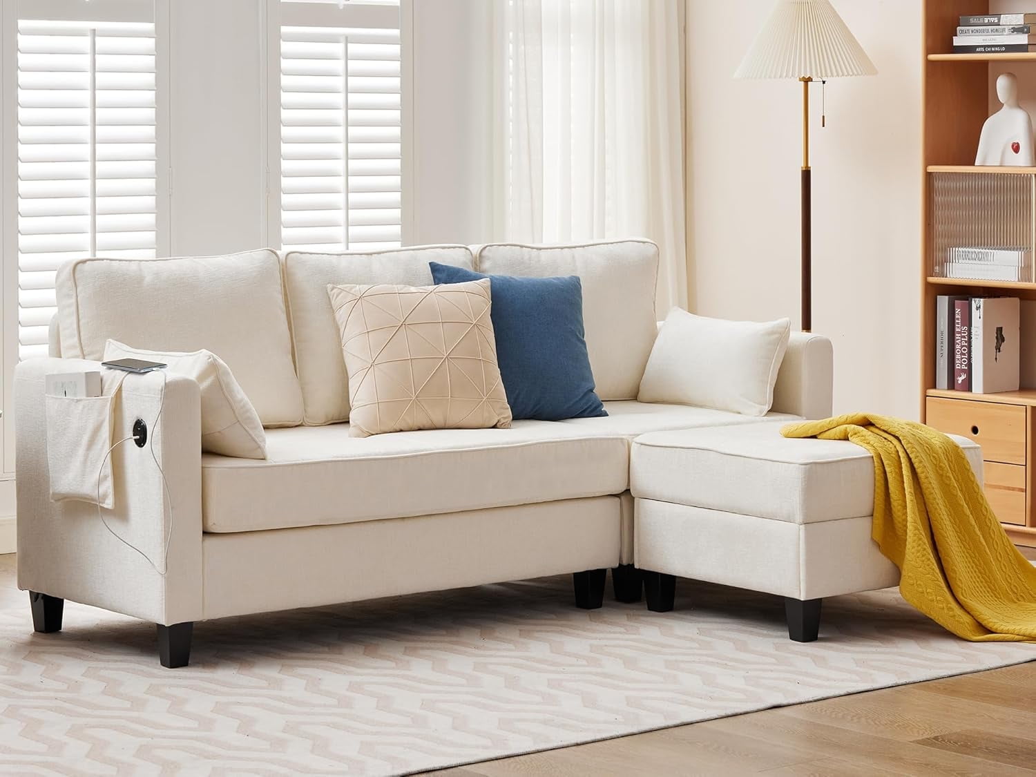 Haverchair L-Shape Chenille Sectional Sofa with Storage Ottoman,Modern Convertible Couch with Removable Cover,USB and Type-C,Side Pockets,Armrest Pillows for Living Room,Apartment,Office,White