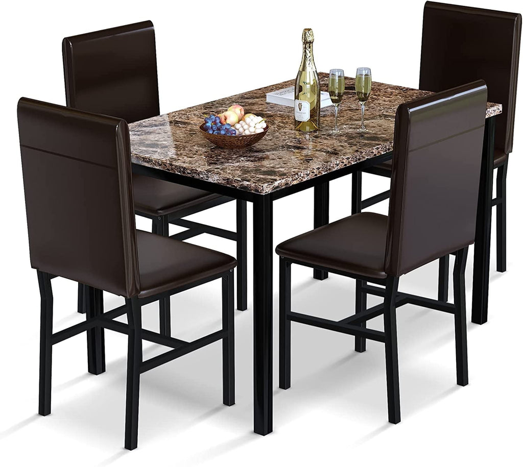 MIERES 5-Piece Dining Table Set for 4, Faux Marble Kitchen Table and 4 Chairs, Modern Dining Room Table with 4 Chairs, Dinner Table Set for Small Spaces, Brown