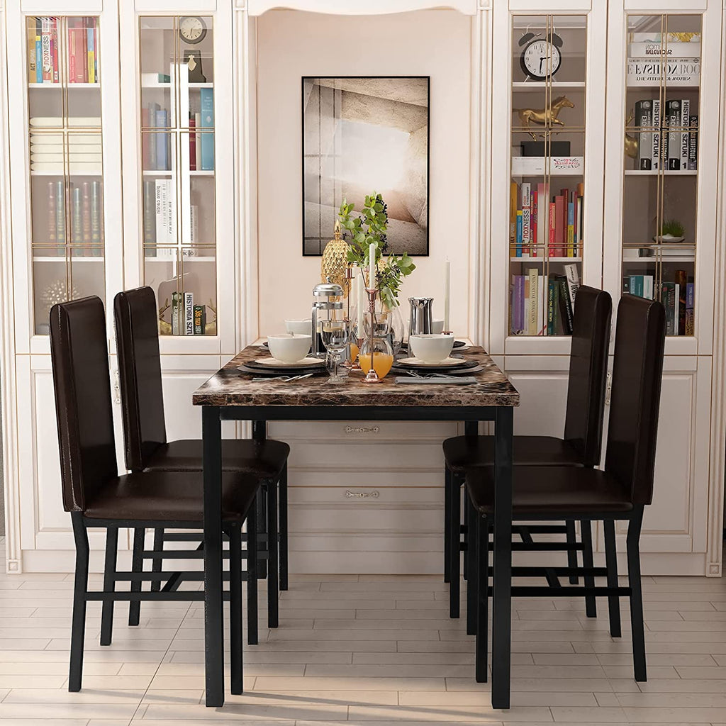 MIERES 5 Piece Dinning Table Sets for 4, Marble Kitchen Table and Chairs for 4,Dining Room Table Set with PU Leather Chairs,Faux Marble Dining Set for Small Spaces,Living Room,White+Brown