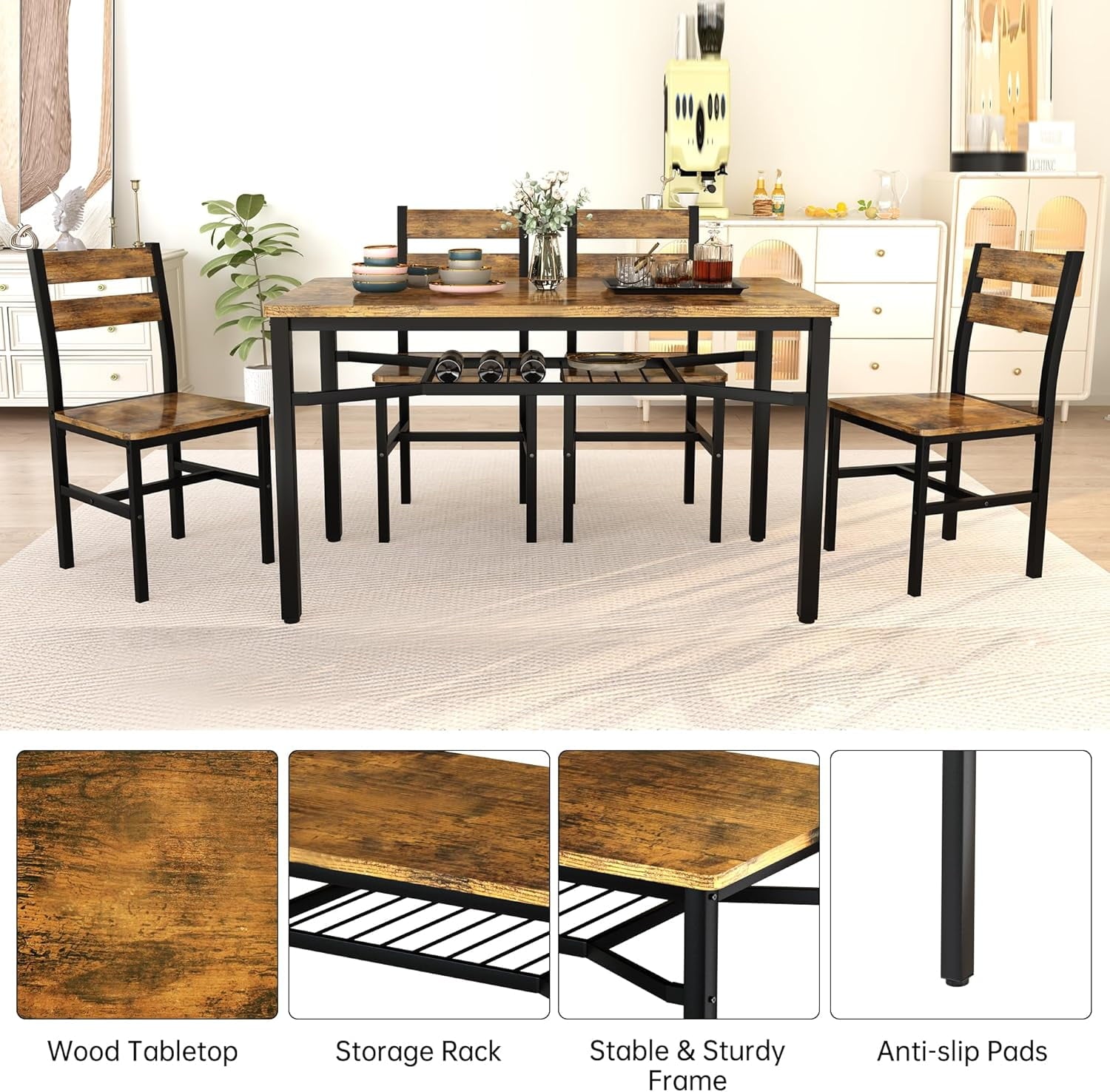 Lamerge 4 Person Dining Table Set, Wooden Dining Table 5 Piece Set with 4 Oak Metal Frame Chairs, Space Saving, Suitable for Apartments, Small Spaces, Kitchens, Breakfast Corners, Espresso Wood C