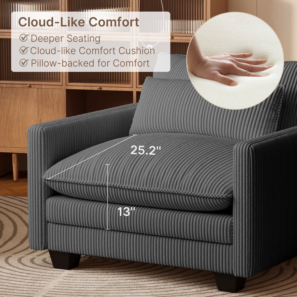 Asofer 31 Cloud Accent Sofa With Washable Cover, Single Corduroy Chair with Deep Seat Upholstered Cushion for Apartment,Dark gray