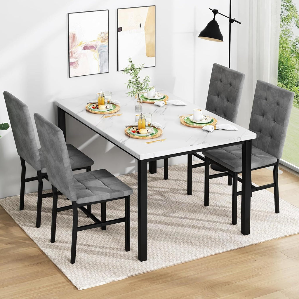 MOOSENG 5-Piece Dining Table Set with Faux Marble Top, Modern Kitchen Table and Set of 4 Grey Velvet Upholstered Chairs, Space-Saving Dinette Set for Small Spaces