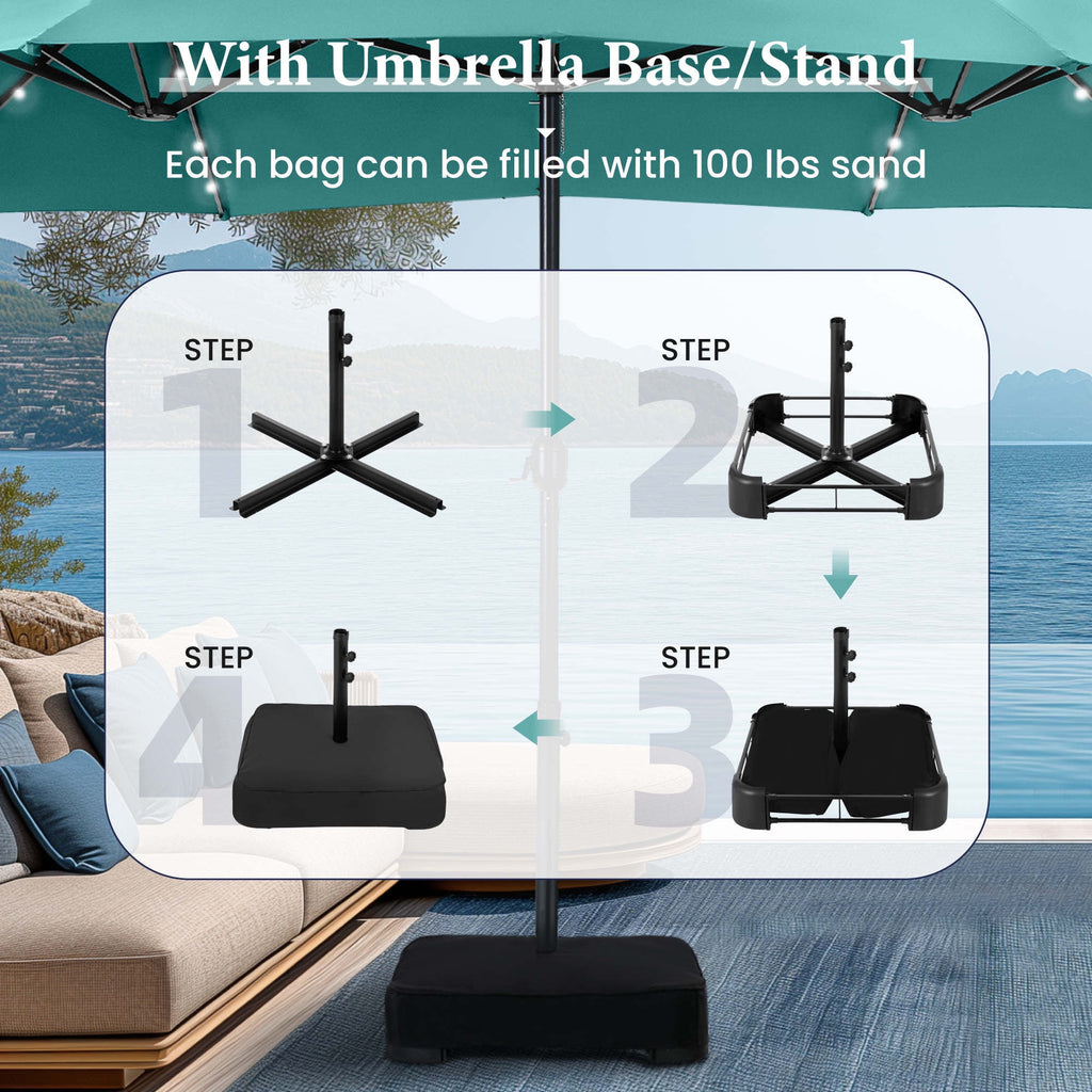 SUMMIT LIVING 15ft Double-Sided Solar Patio Umbrella with Base (Included) Large Outdoor Umbrella with Solar Lights - Beige