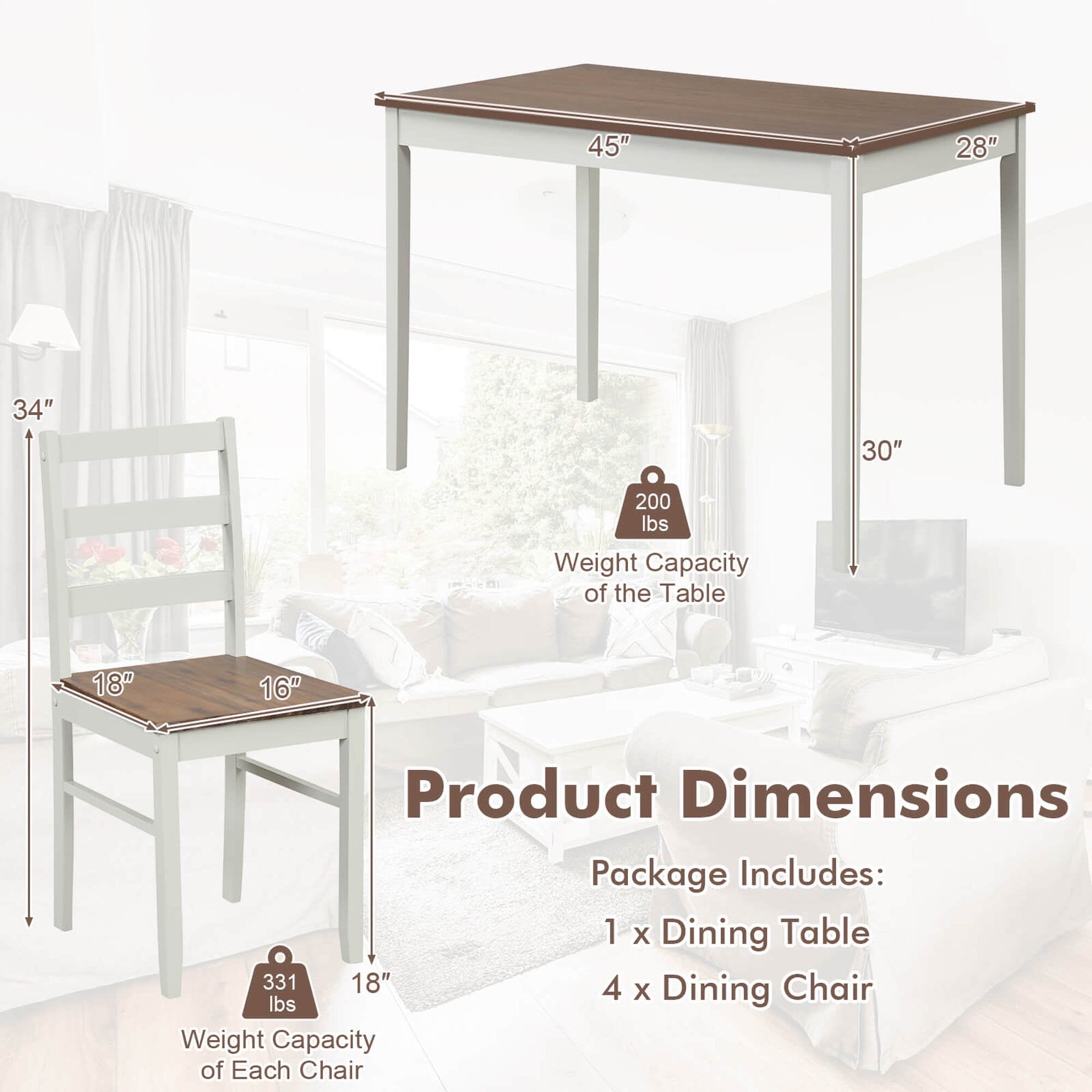 Costway 5-Piece Dining Set Solid Wood Kitchen Furniture with Rectangular Table & 4 Chairs