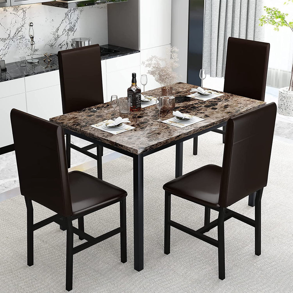 MIERES 5-Piece Dining Table Set for 4, Faux Marble Kitchen Table and 4 Chairs, Modern Dining Room Table with 4 Chairs, Dinner Table Set for Small Spaces, Brown