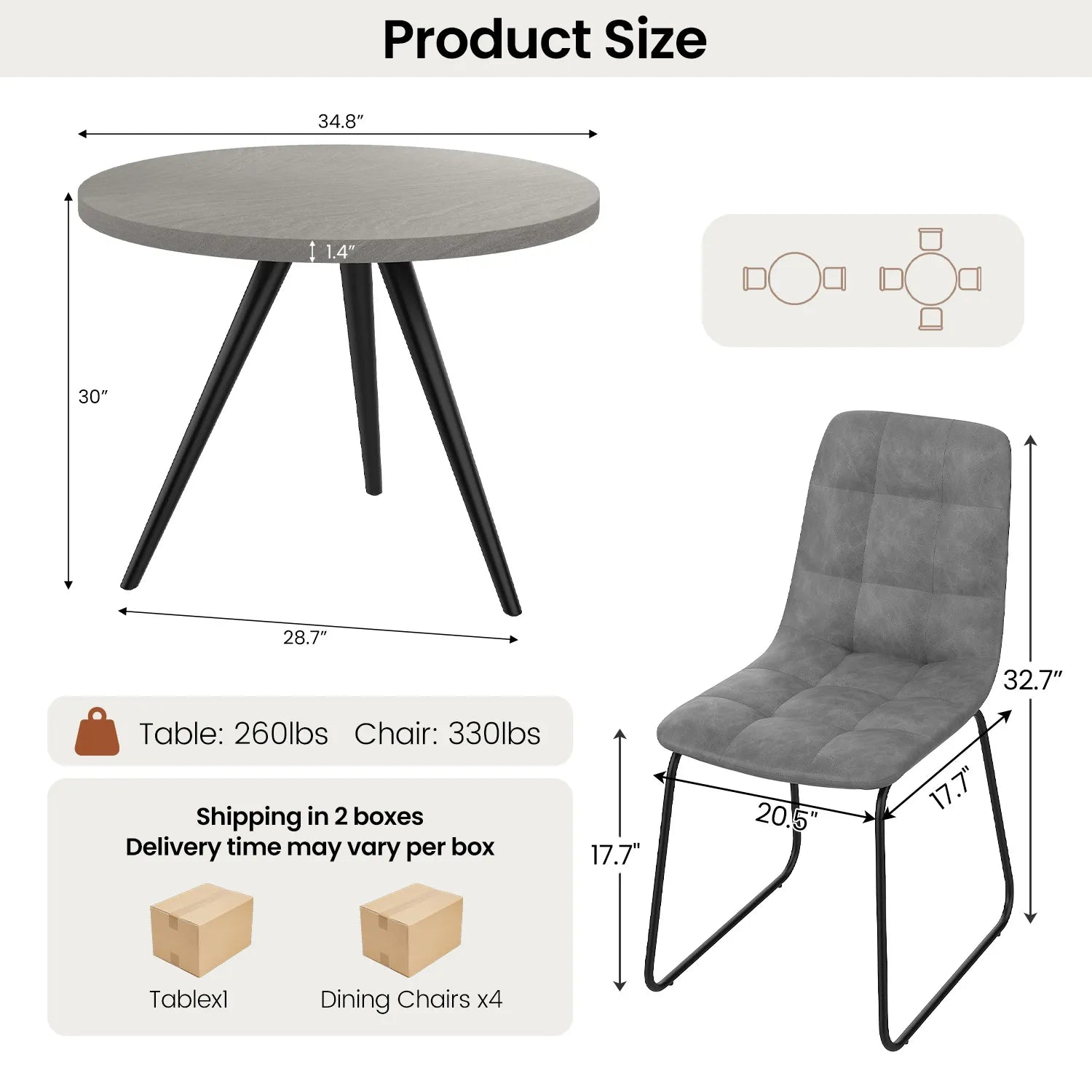 34.8 Round Dining Table Set for 4,5 Piece Mid-Century Modern Dining Set with 4 Upholstered Dining Chairs,Leisure Coffee Table for Kitchen Dining Room, Save Space