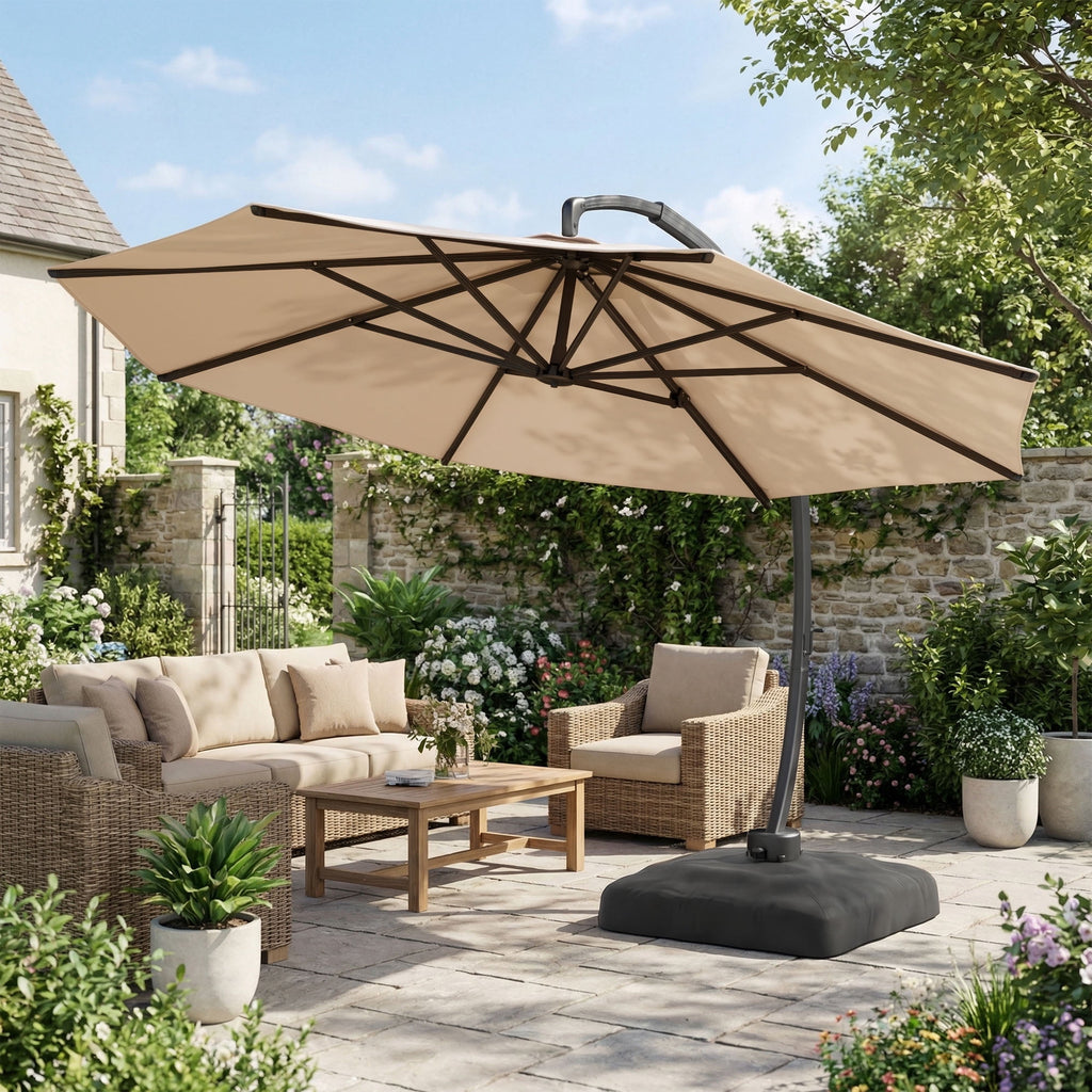 LAZZO 11ft Outdoor Patio Umbrella with Base, Aluminum Offset Cantilever Umbrella for Pool Deck, Champagne