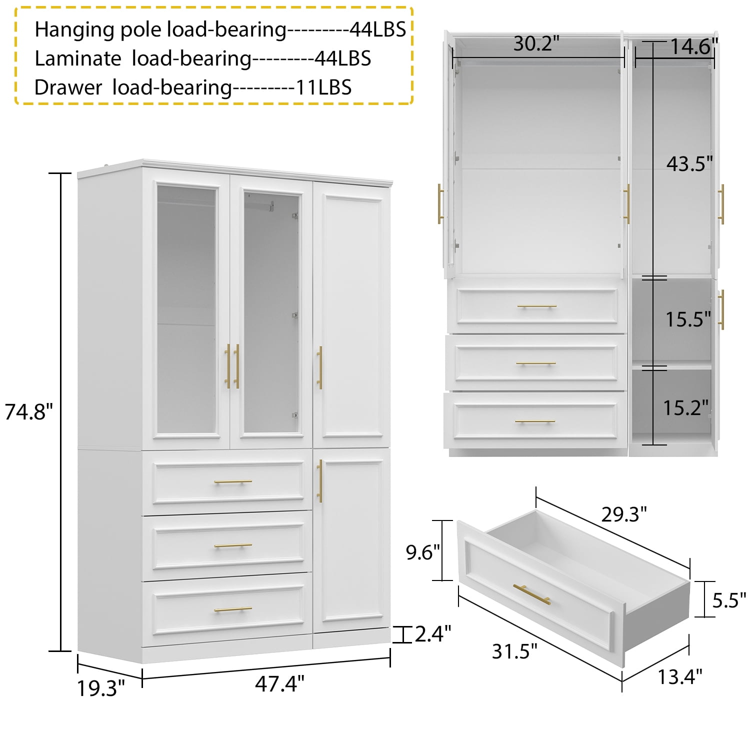 OxyLife 2 Door Wardrobe Armoire, White Closet Storage Organizer with Drawers and Shelves