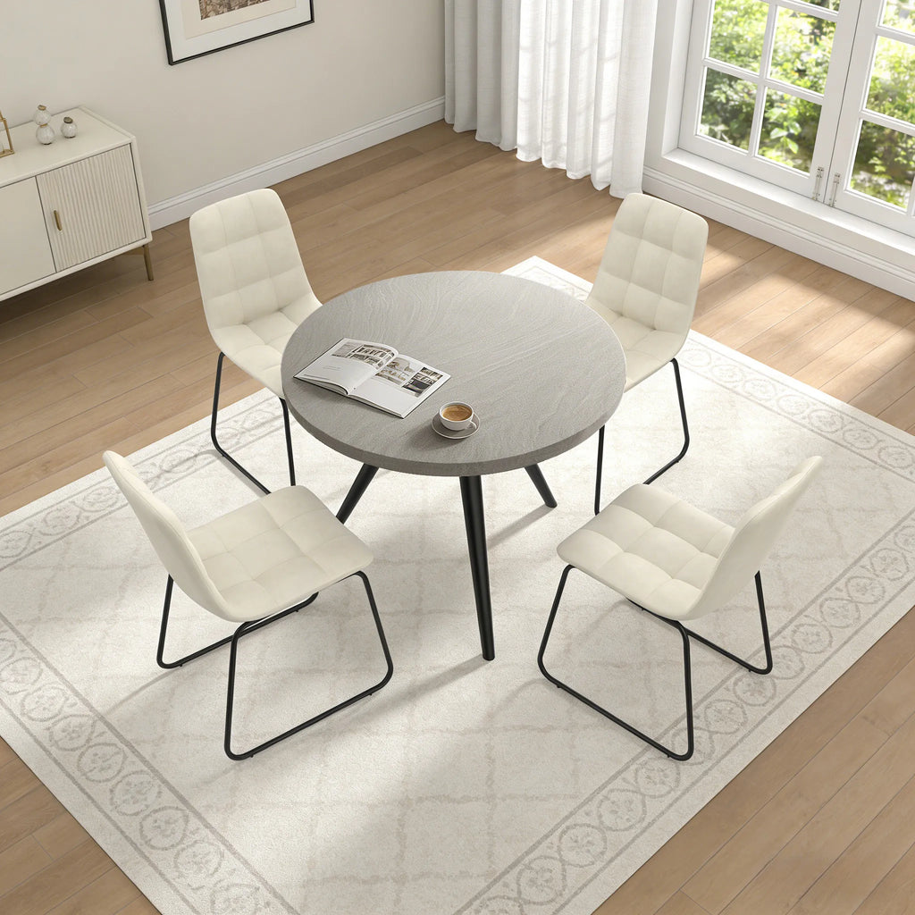 34.8 Round Dining Table Set for 4,5 Piece Mid-Century Modern Dining Set with 4 Upholstered Dining Chairs,Leisure Coffee Table for Kitchen Dining Room, Save Space