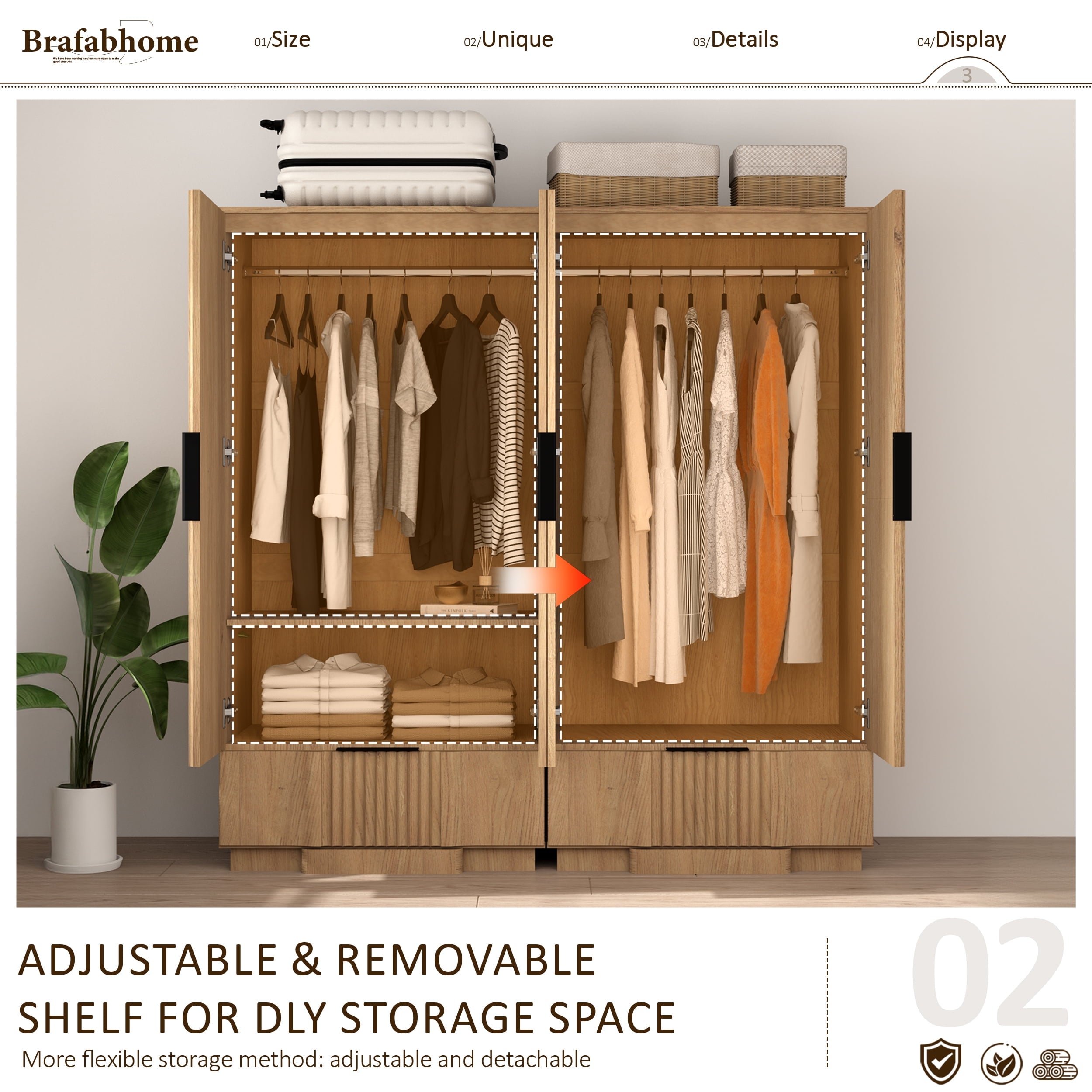 Brafabhome 67H Fluted Armoire Wardrobe Closet with Drawer, Wooden 2 Doors Wardrobe Cabinet with Hanging Rod & Adjustable Shelf for Bedroom | Nature