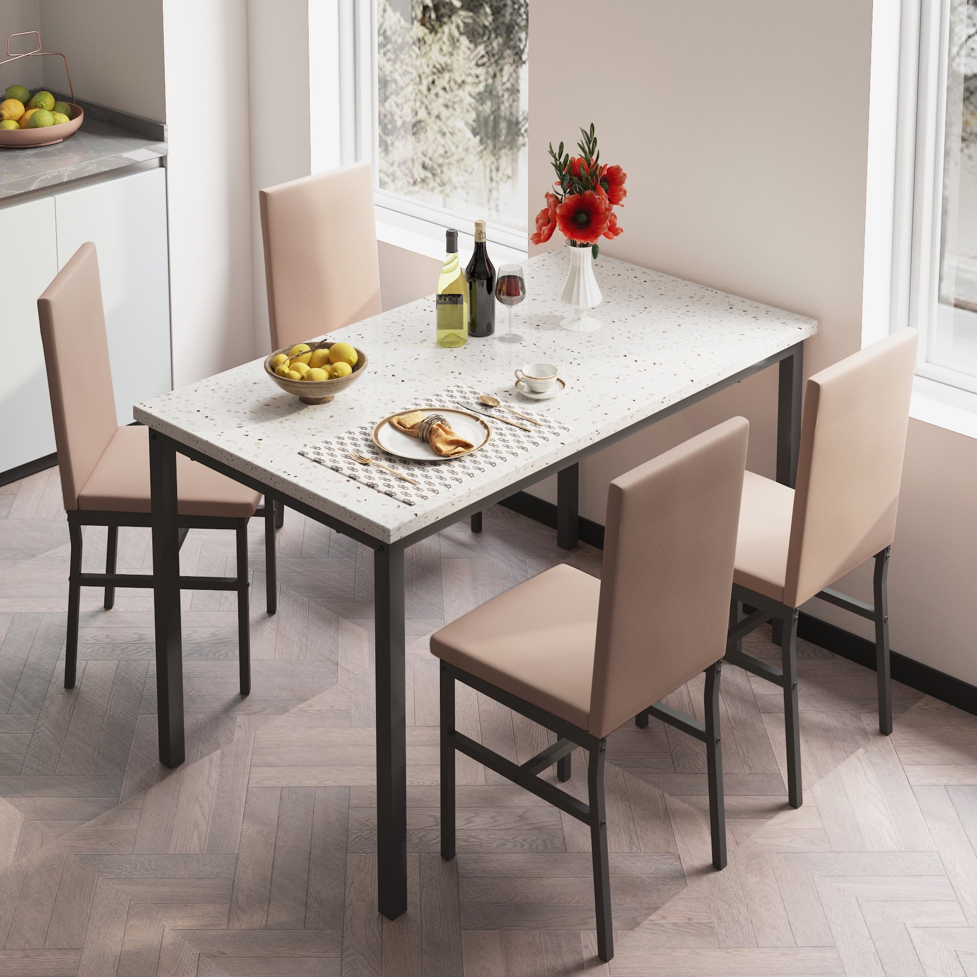 5 Piece Dining Table Set, Modern Faux Marble Tabletop and 4 PU Leather Upholstered Chairs, Rectangle Kitchen Table and Chairs for 4 Persons, Small Dining Set for Bar Dining Room Breakfast Nook