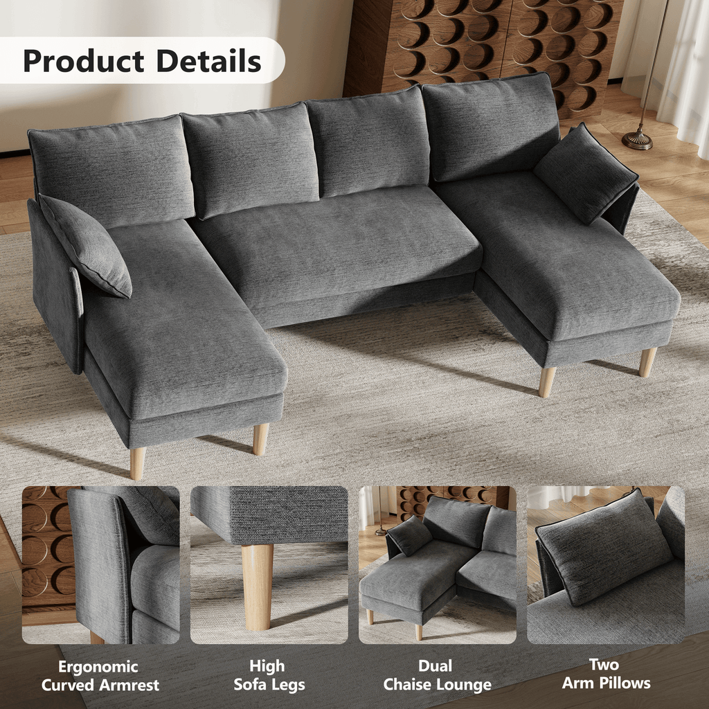 BedLuxury 100 U-Shape Sectional Sofa with Chaise, Chenille Modern Couch with High Legs for Living Room, Apartment, Beige