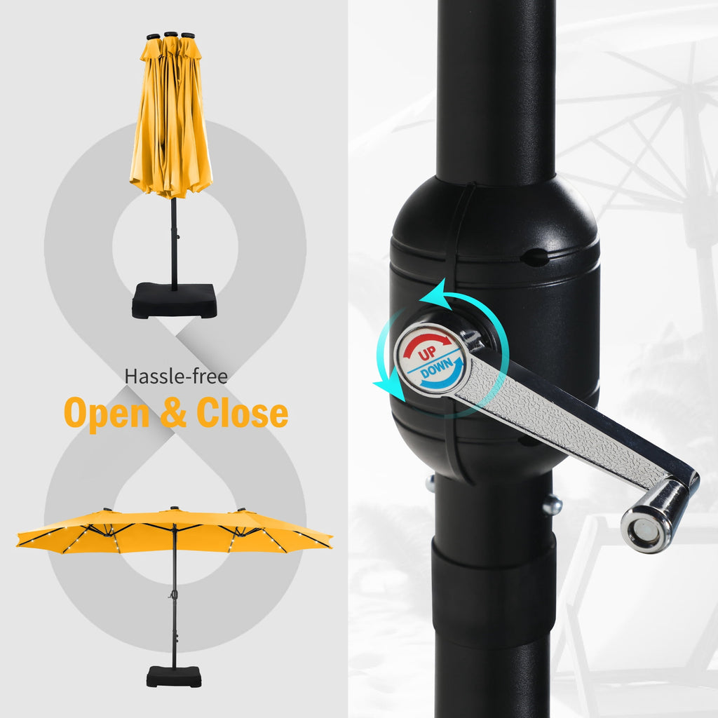 SUMMIT LIVING 15 FT Double-Sided Solar Patio Umbrella with Base Large Outdoor Umbrella with LED Solar Lights - Haze Blue