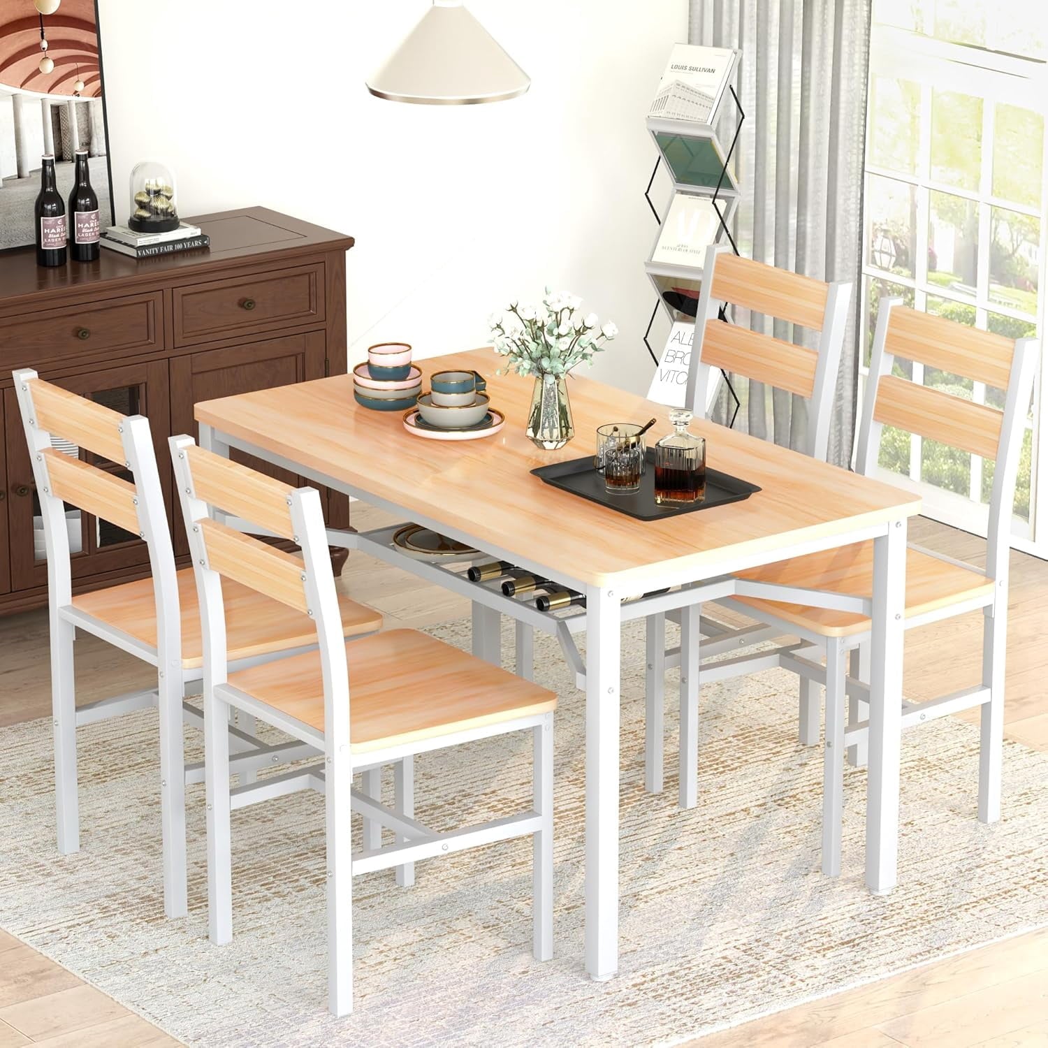 LinkRomat Dining Table Set for 4, Farmhouse Kitchen Table with 4 Wood Chairs, Dining Room Set for Breakfast Nook, Small Places, Restaurant, Gray