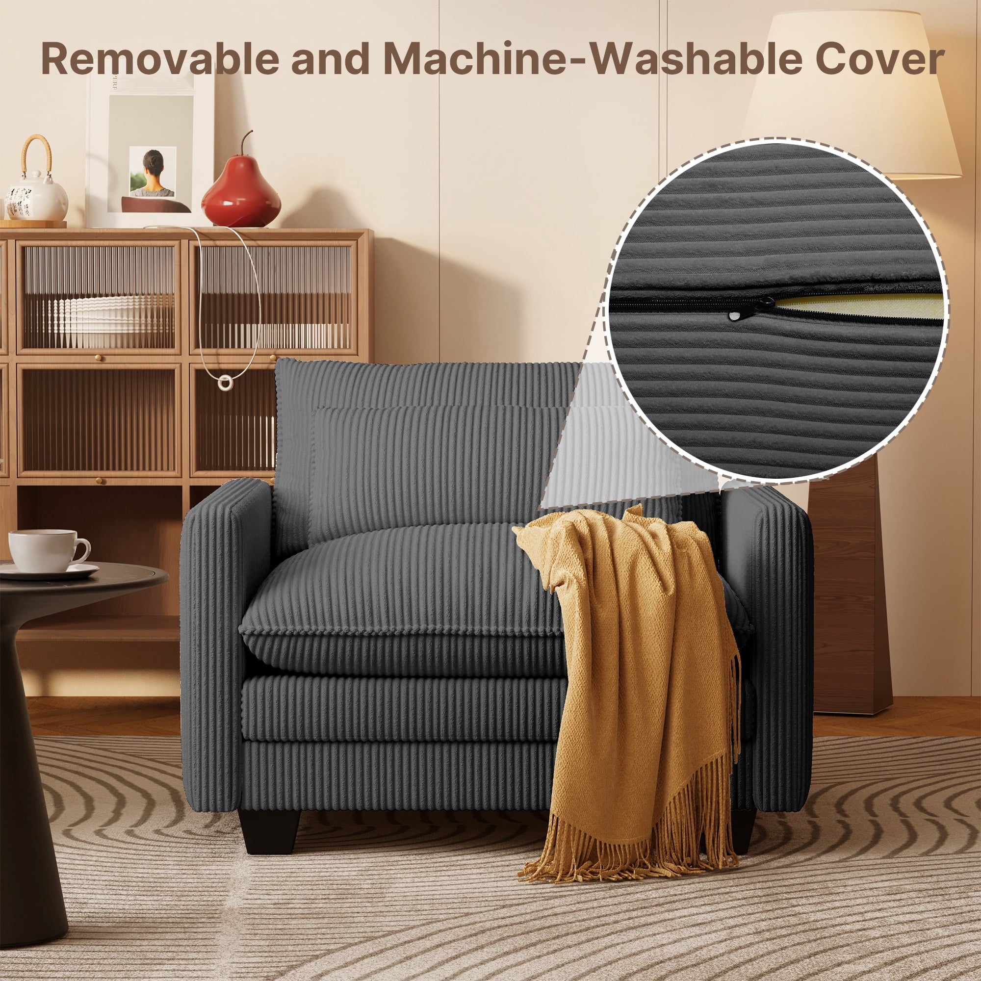 Asofer 31 Cloud Accent Sofa With Washable Cover, Single Corduroy Chair with Deep Seat Upholstered Cushion for Apartment,Dark gray